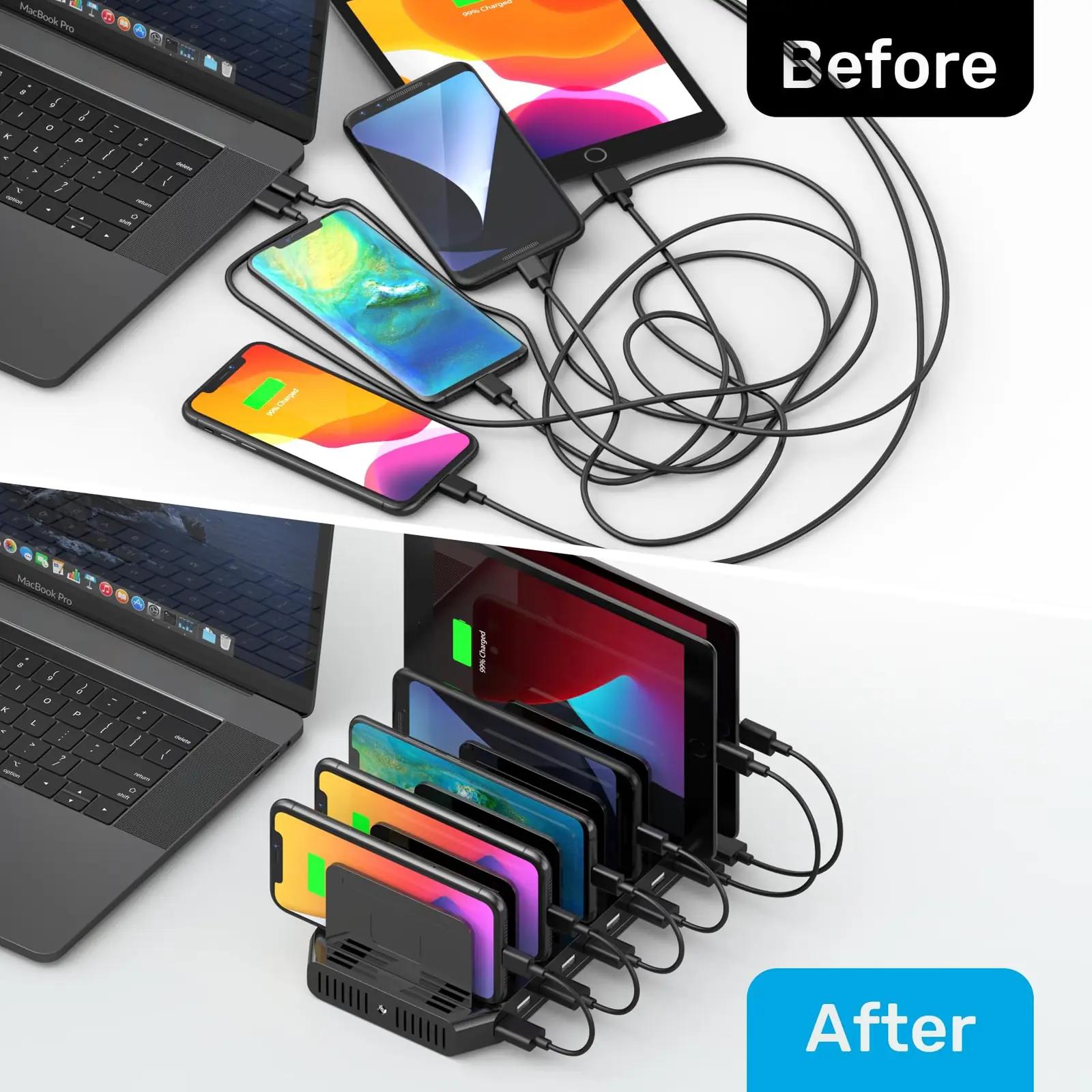 UNITEK 60W USB mitmeportne laadija – organiseeritud laadimine – kasutusnäide