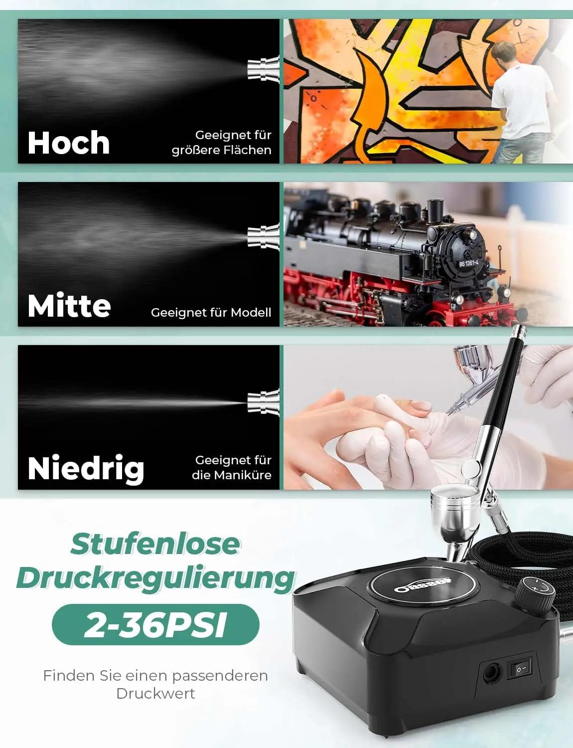 Oasser stiilne airbrush-komplekt – kompressorid – pakend ja tarvikud