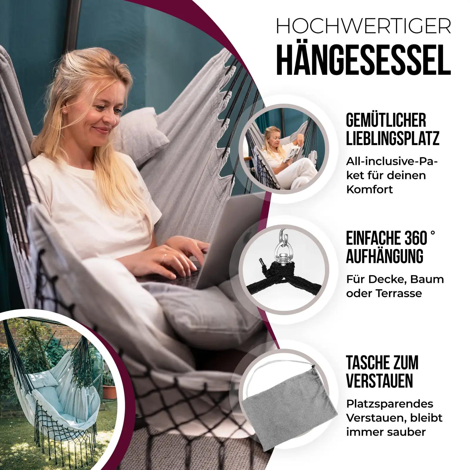 HEIMLING mugav puuvillane hängesessel XXL – kaasas kinnitus – pakend ja tarvikud