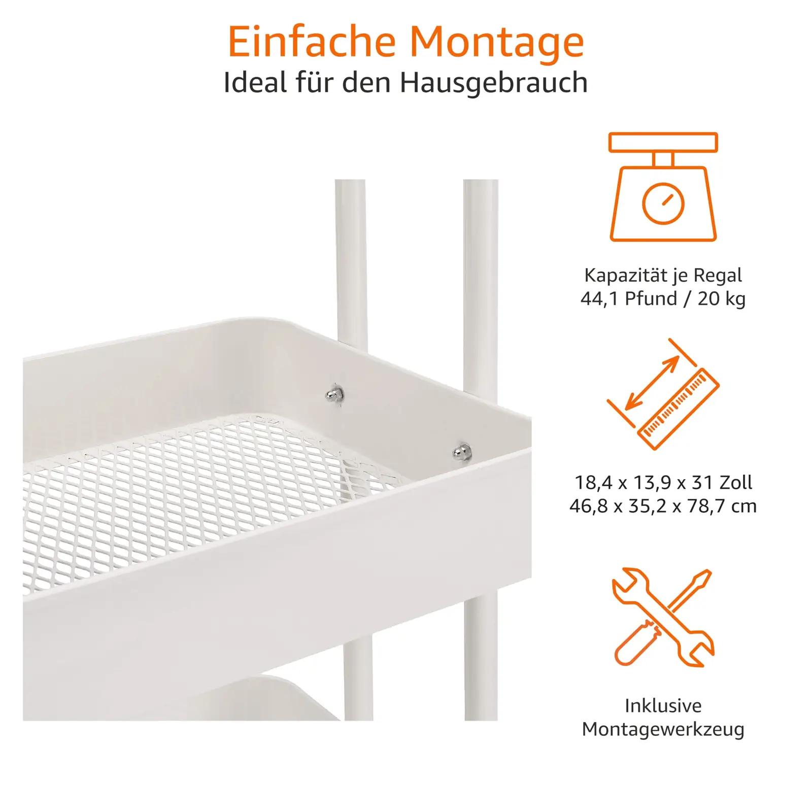 Amazon Basics valge metallist köögikäru — kolmeastmeline – detailne vaade