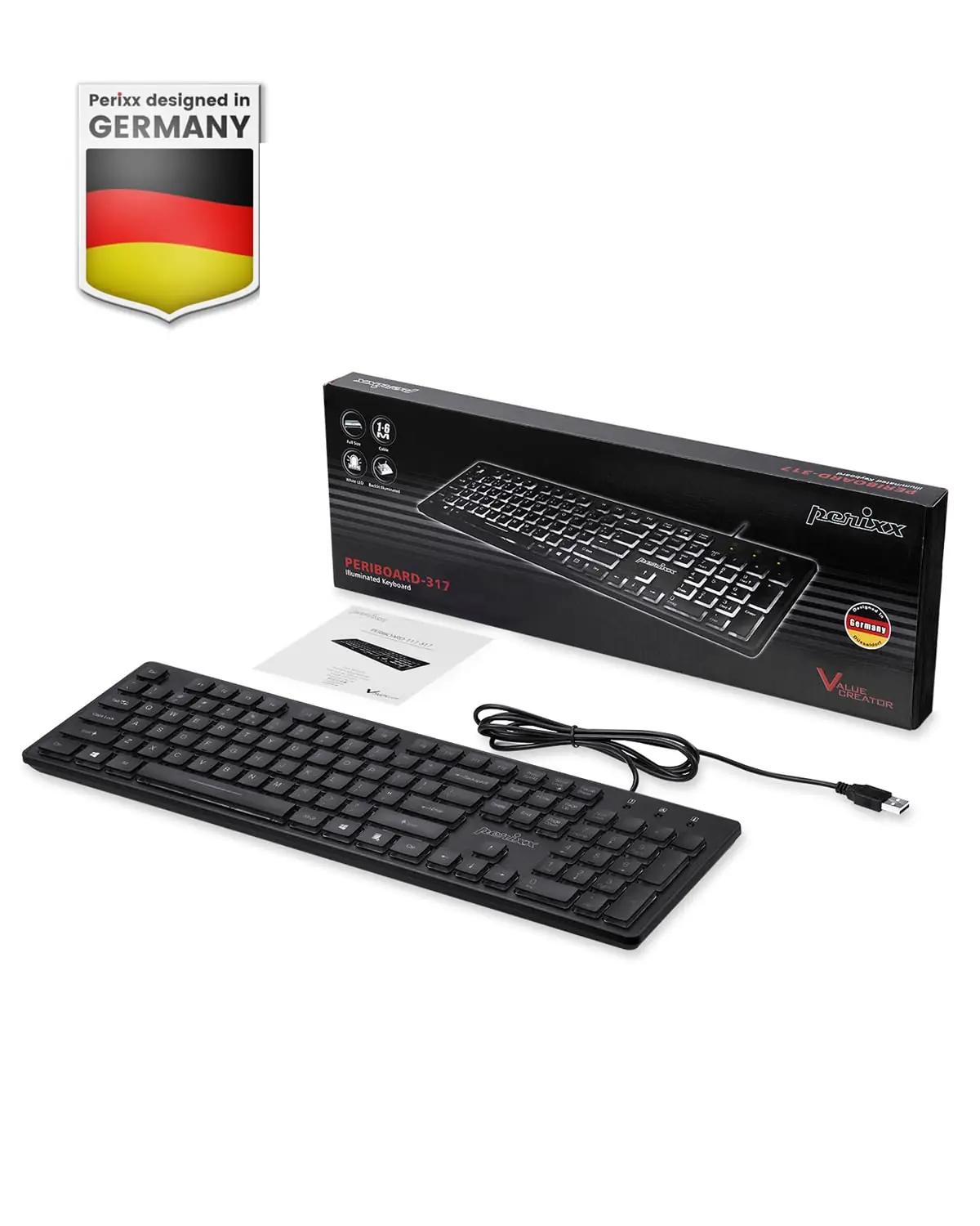 Perixx valge USB-klaviatuur – LED-taustvalgusega, bürokasutuseks – pilt 7
