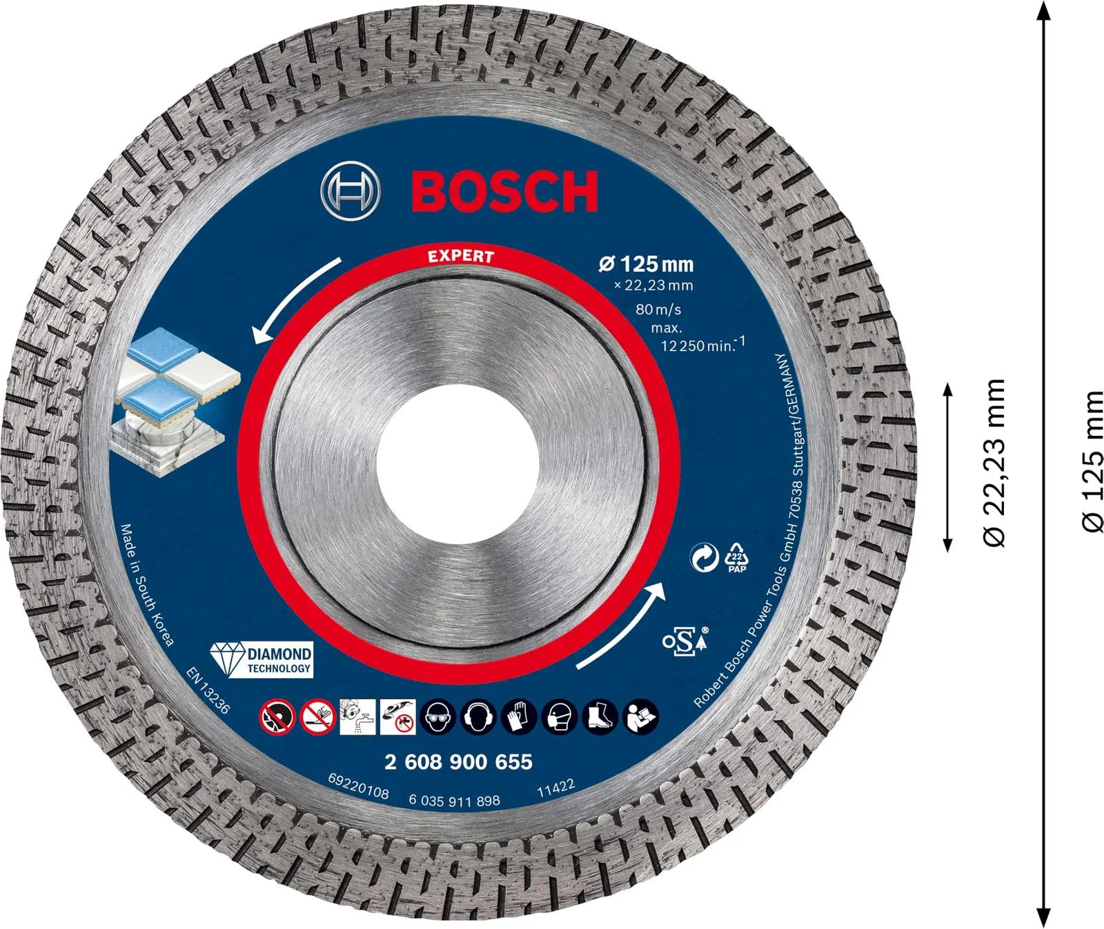 Bosch EXPERT HardCeramic: vastupidav diamantlõikeketas Ø125 – pakend ja tarvikud