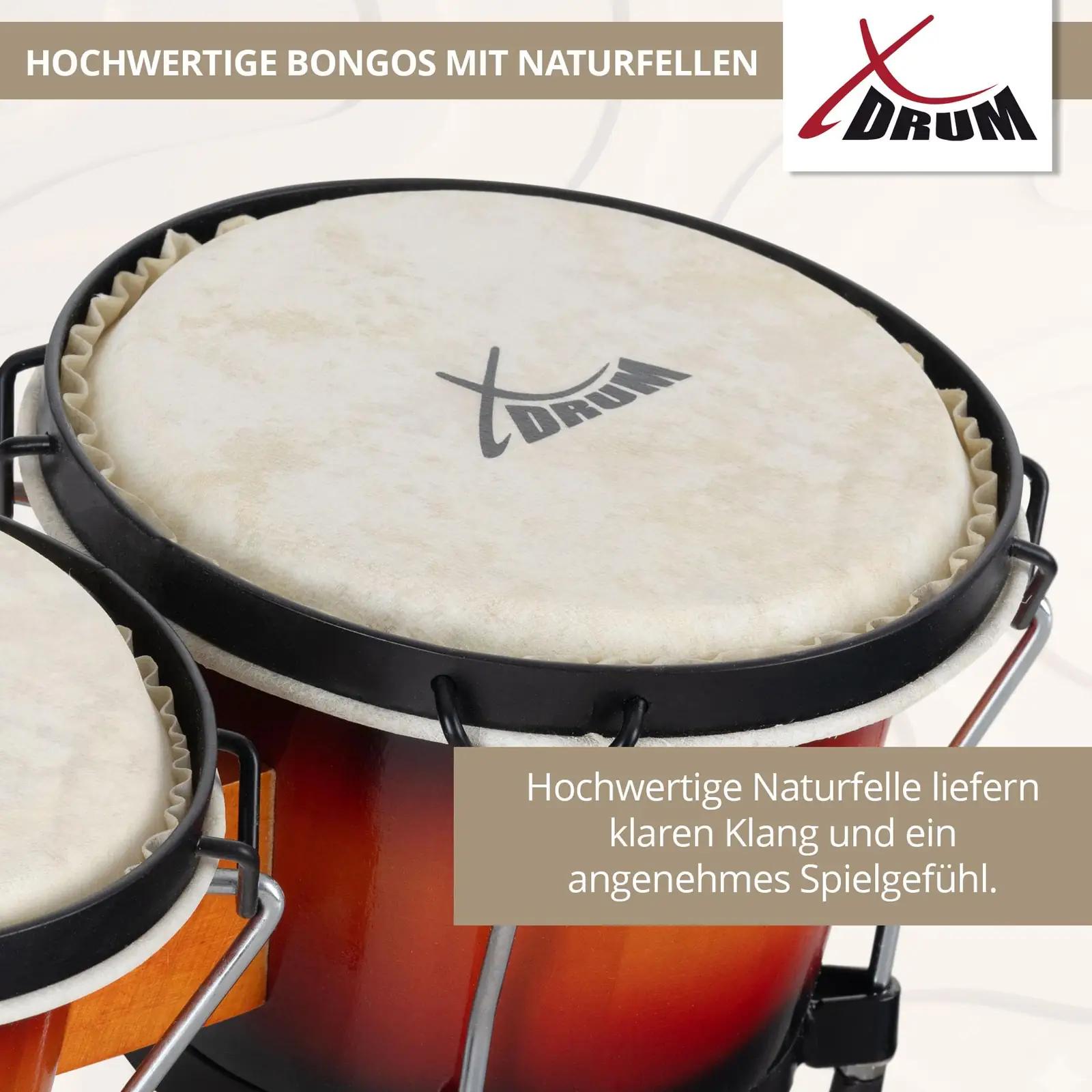 XDrum puidust bongotrommeln – soojad Sunburst toonid – detailne vaade