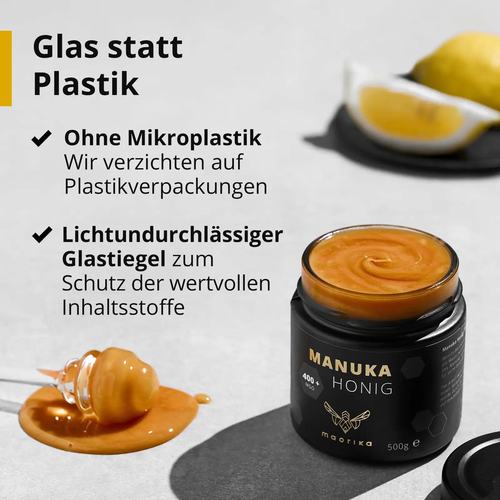 maorika Manuka mesi 400 MGO 500 g klaaspurgis — naturaalne ja – pakend ja tarvikud