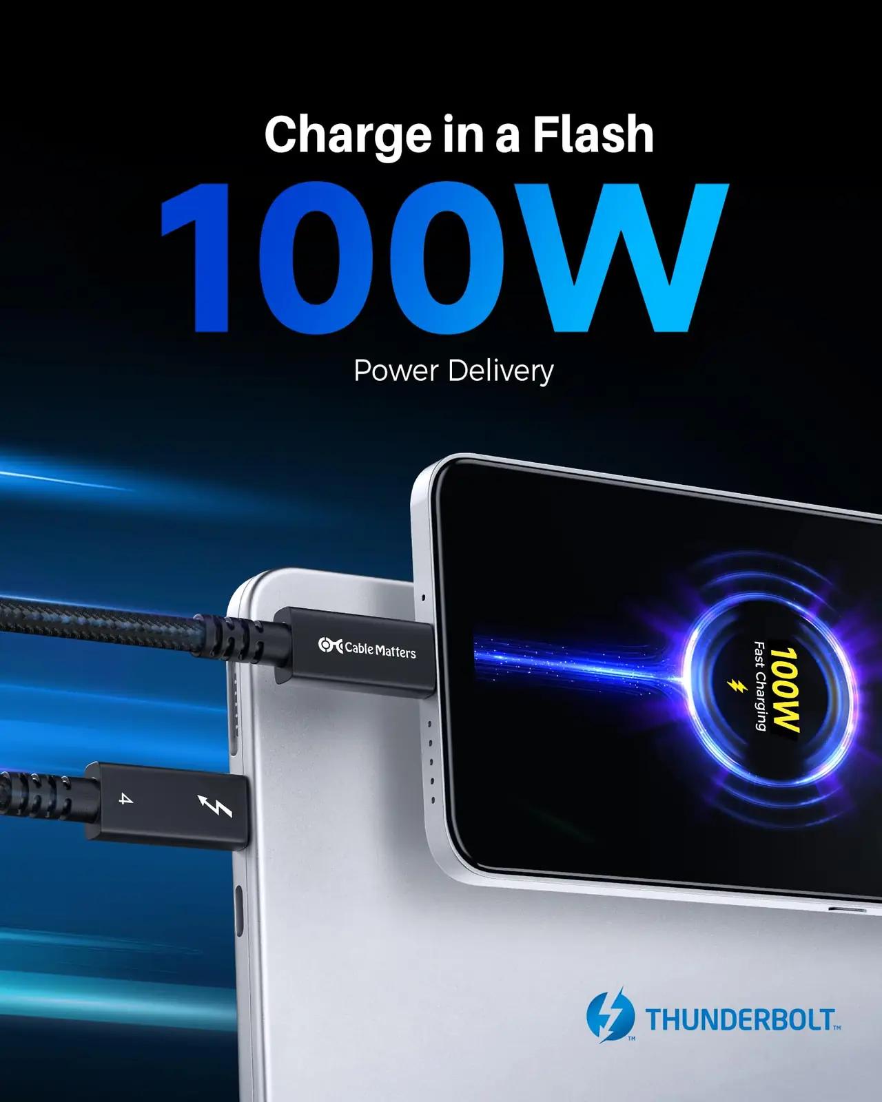 Cable Matters vastupidav 2m Thunderbolt‑4 kaabel – 100W laadimine – kasutusnäide