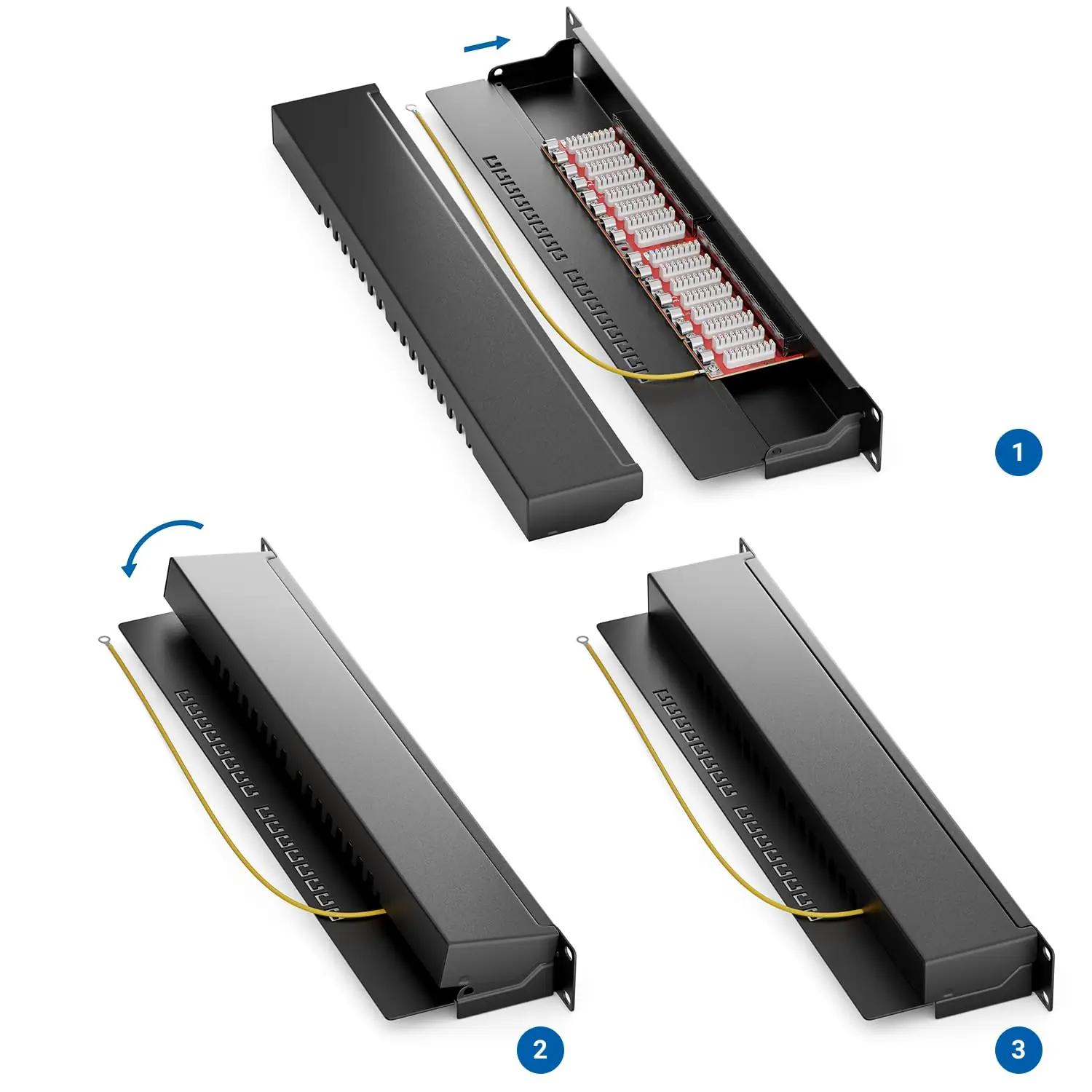 deleyCON CAT6a 16-portine metallist patchpanel – rack-montaaž – kasutusnäide