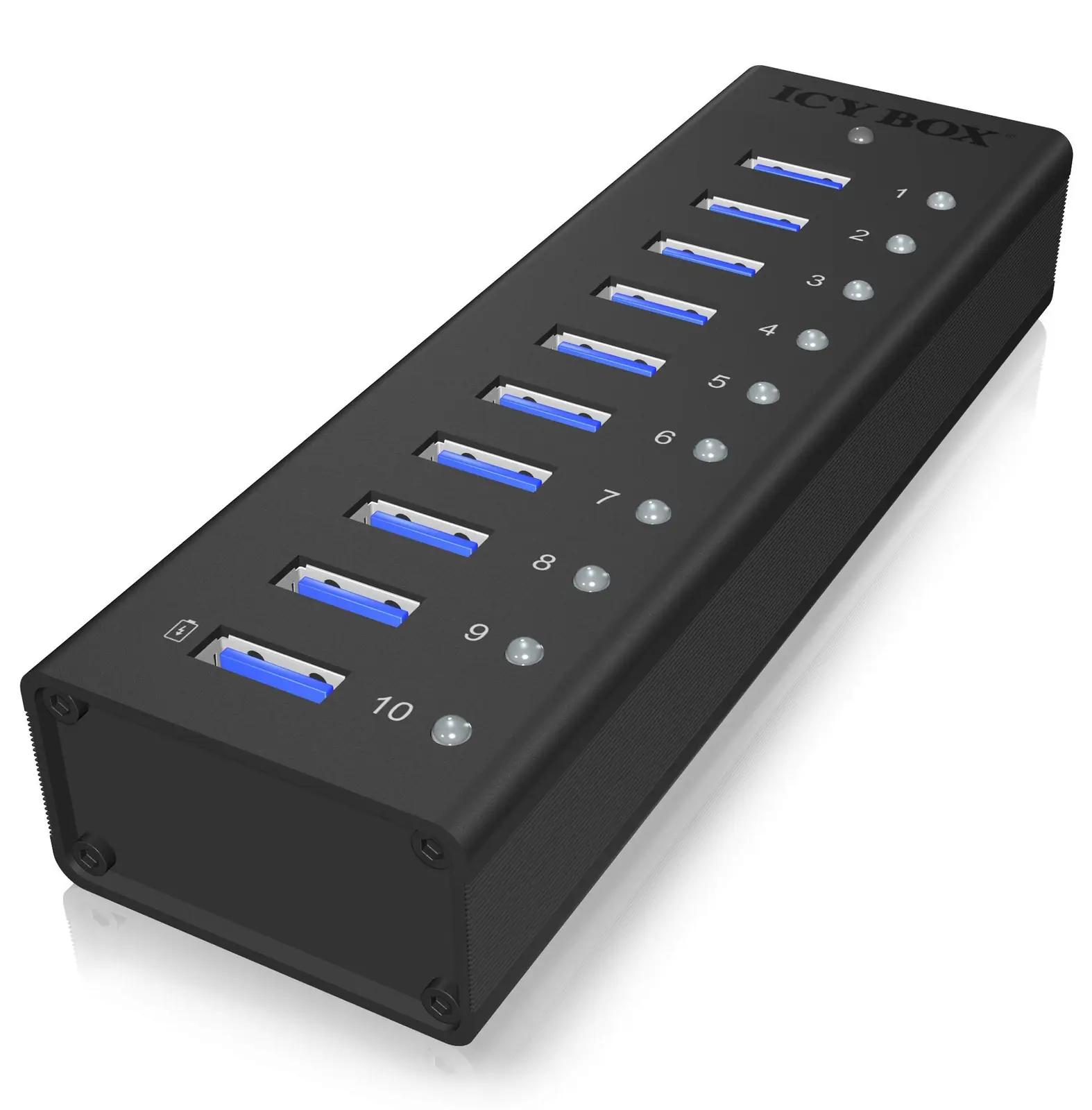 ICY BOX alumiiniumist 10-port USB 3.0 hub – kompaktne laadimine – pakend ja tarvikud