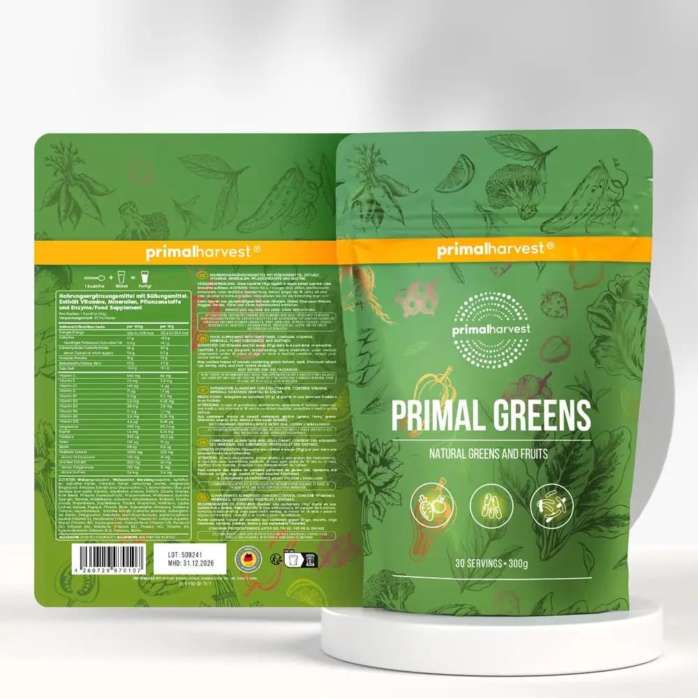 Primal Harvest Super Greens pulber — looduslik energialaeng – pakend ja tarvikud
