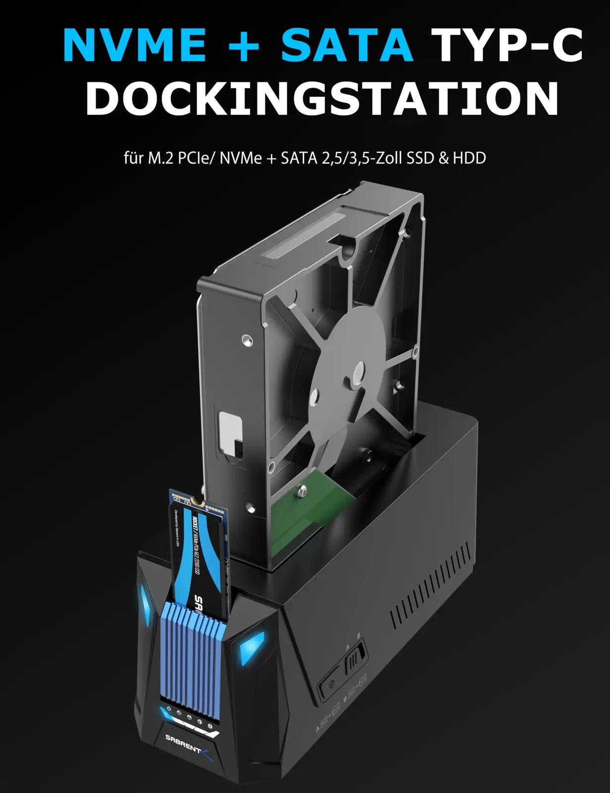 SABRENT alumiiniumist andmekuvar – M.2 NVMe ja SATA Dock – detailne vaade