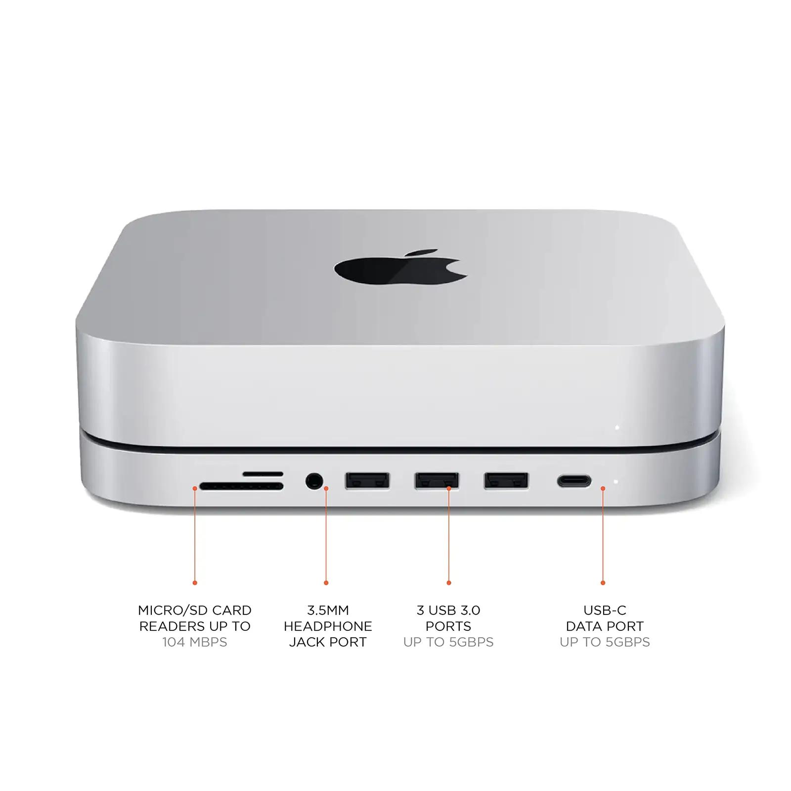 SATECHI alumiiniumist USB-C hub ja alus Mac mini jaoks – detailne vaade