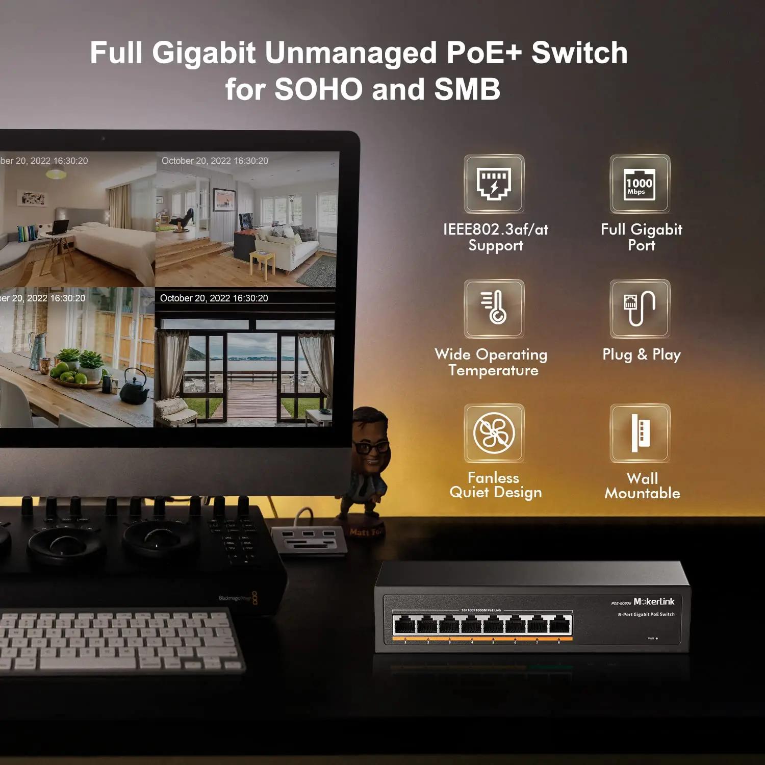 MokerLink 8 Gigabit PoE arvutid ja tarvikud – detailne lähivaade