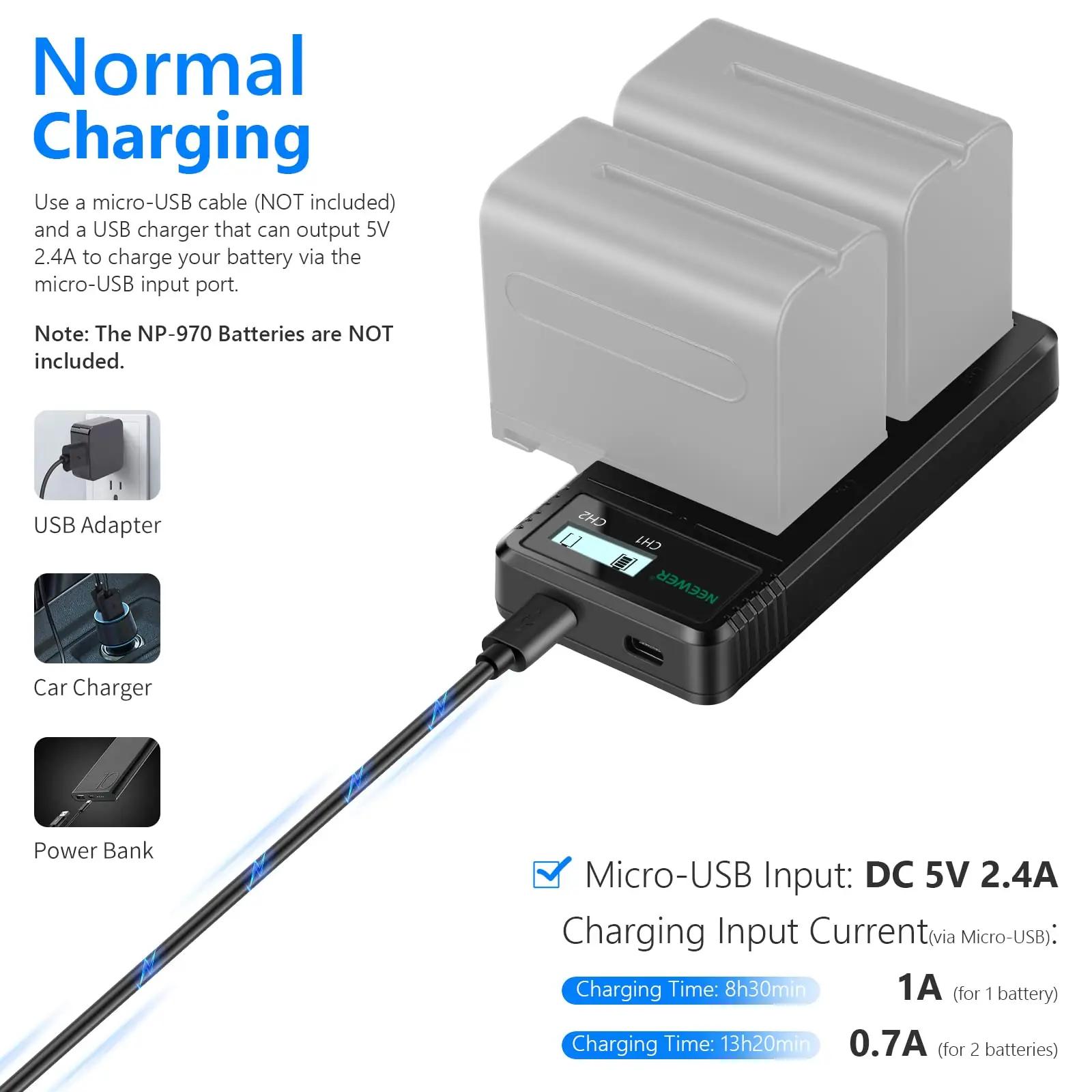 NEEWER kiire topelt USB-laadija Sony NP-F akudele – kasutusnäide