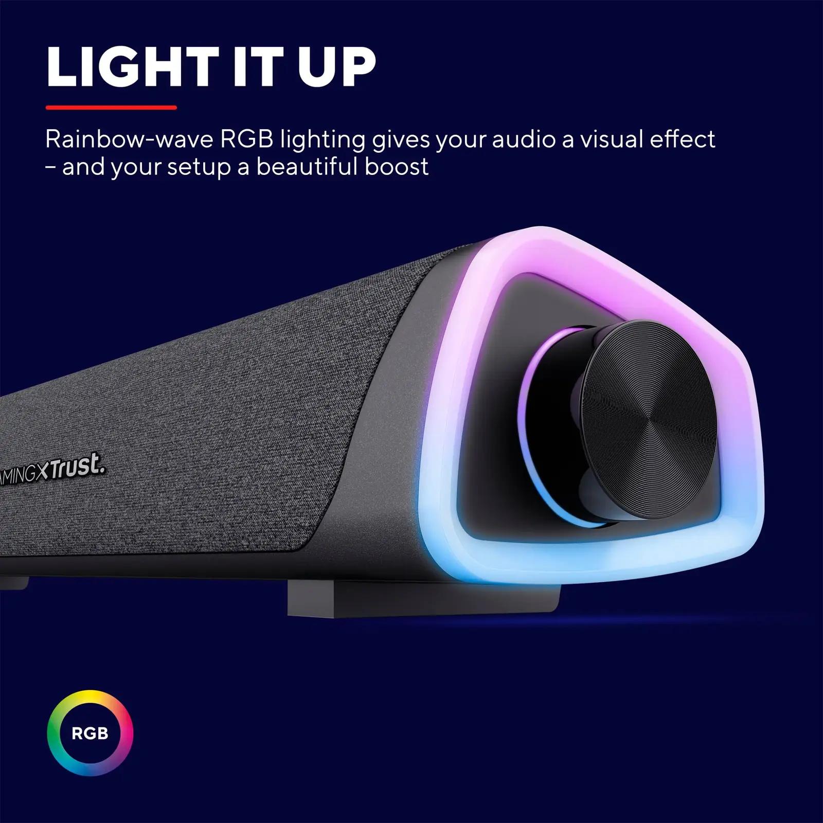 Trust Gaming RGB-soundbar — kompaktne heli ja LED-efekt – pakend ja tarvikud
