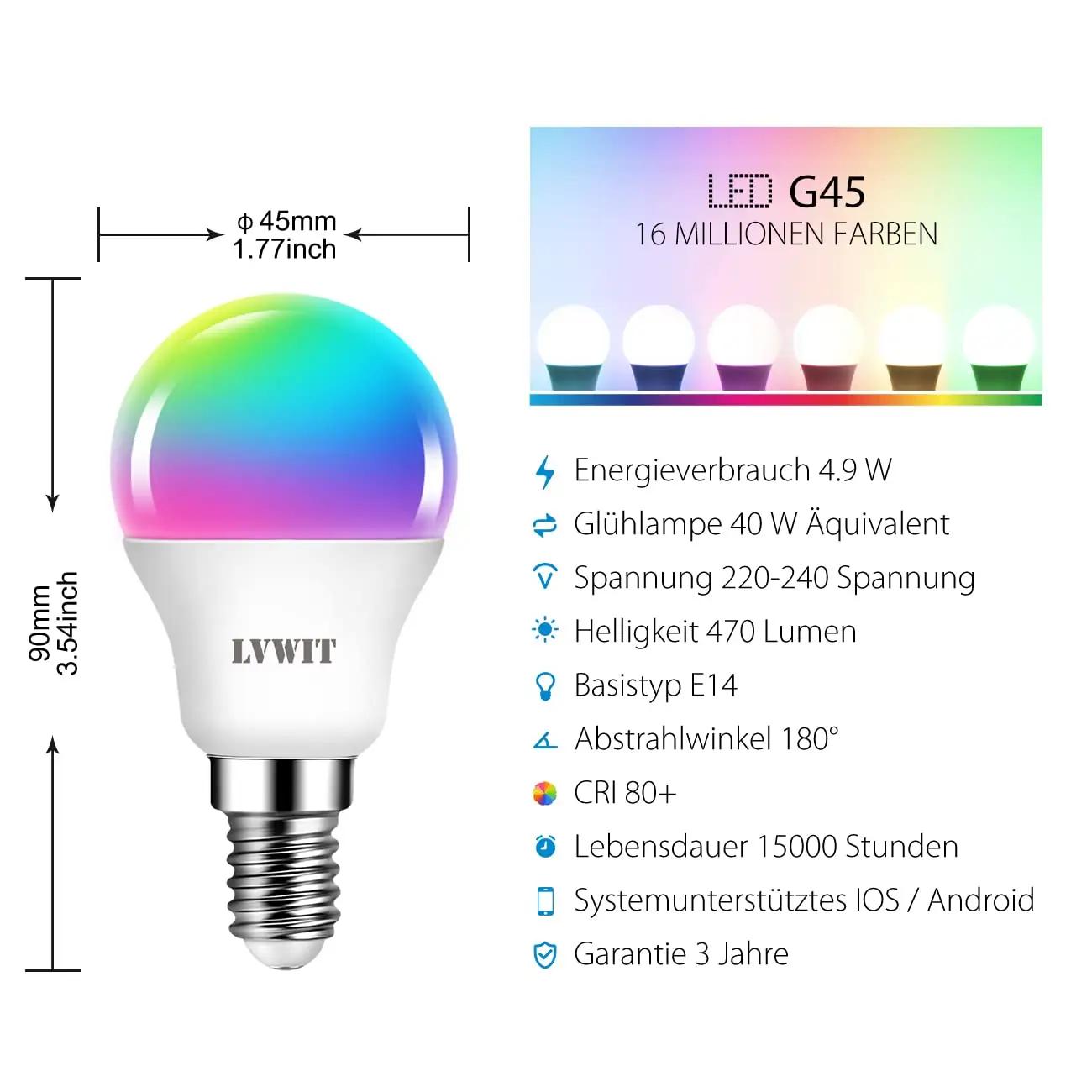 LVWIT nutikas E14 LED pirn 5W RGB – reguleeritav valgus ja värv – pakend ja tarvikud