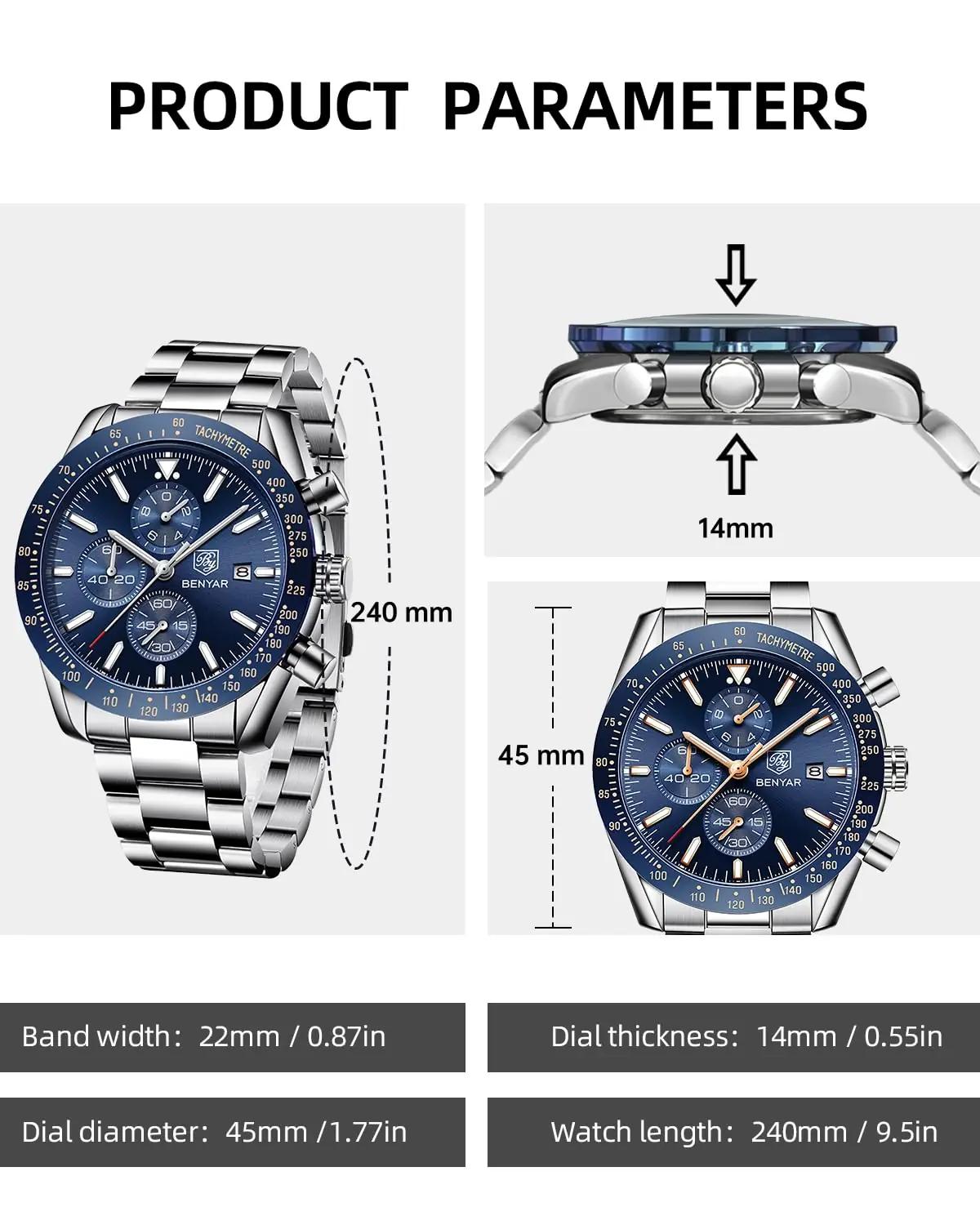 BENYAR terasest meeste käekell – veekindel, chronograph – pilt 6