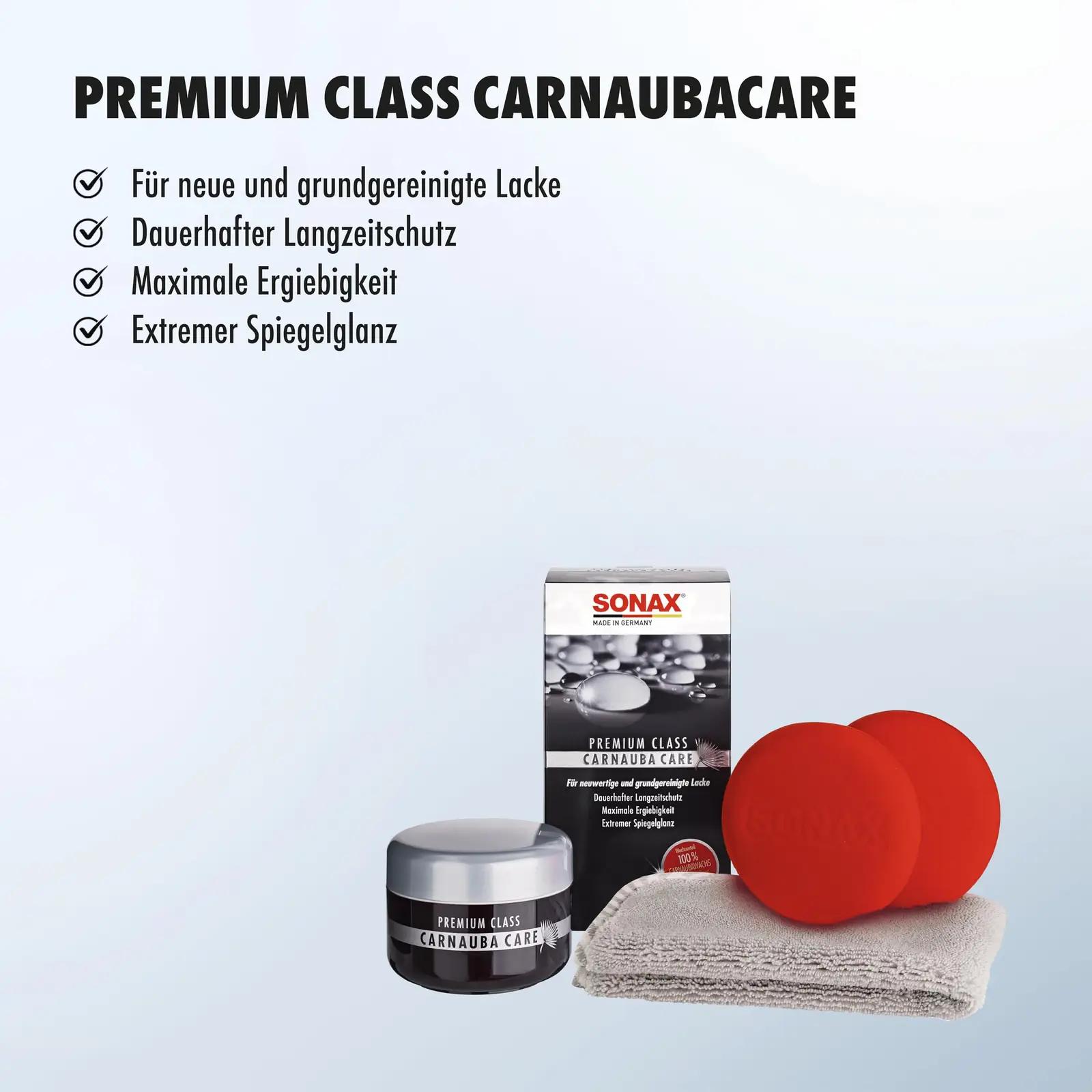 SONAX premium-karnaubavaha 200 ml — vastupidav läige ja kaitse – pakend ja tarvikud