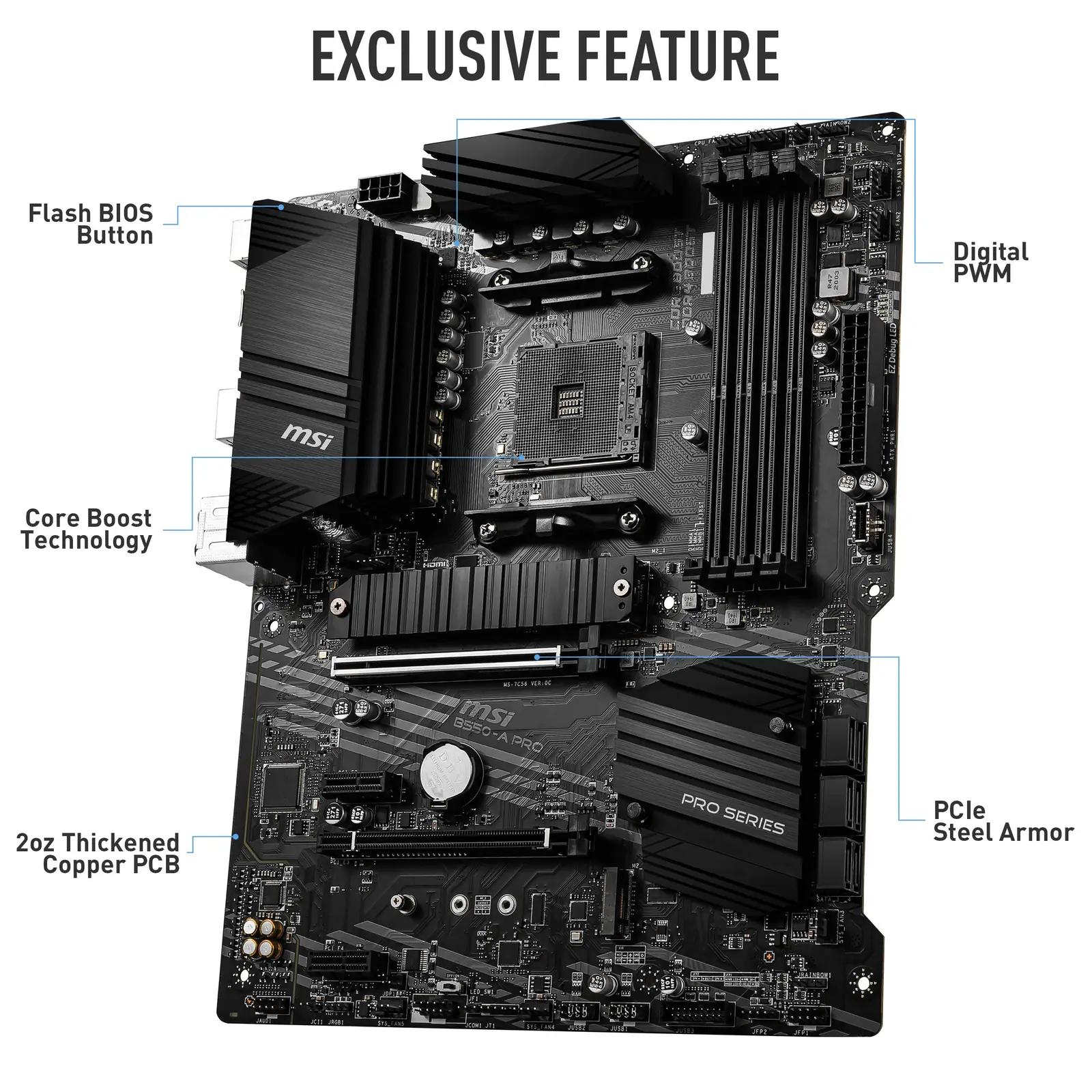 MSI emaplaat B550-A PRO — vastupidav ATX ja DDR4 tugi – pakend ja tarvikud