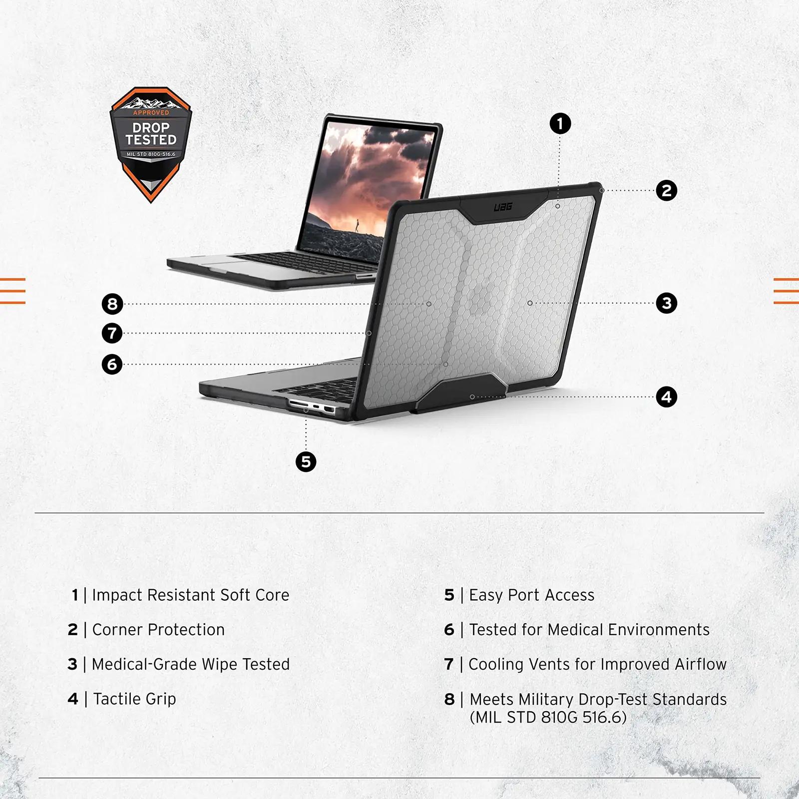 URBAN ARMOR GEAR kaitsev Plekkümbris MacBook Pro 14 – läbipaistev – pakend ja tarvikud