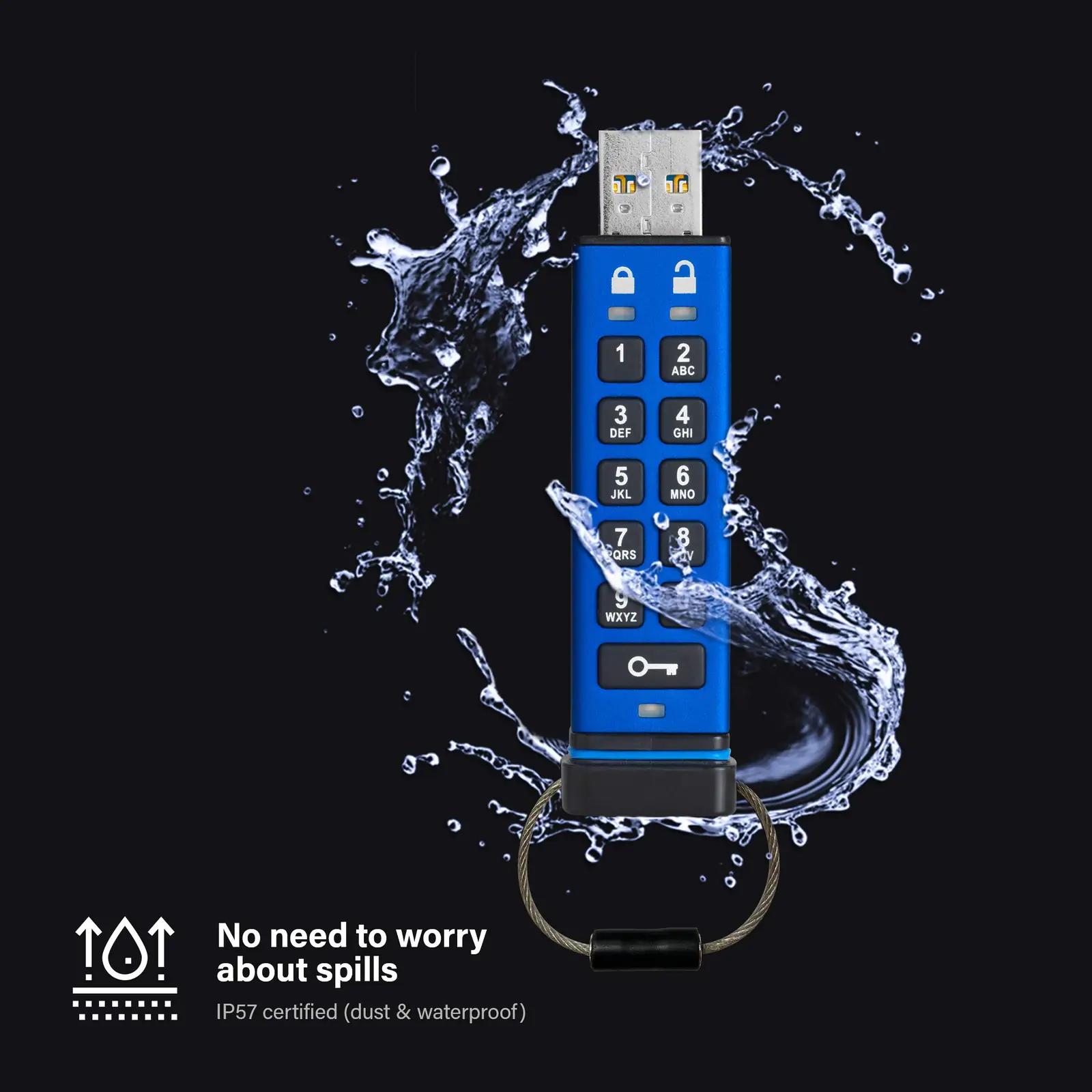 iStorage aluminiumist kaitstud USB-mälupulk — turvaline 8GB – pakend ja tarvikud