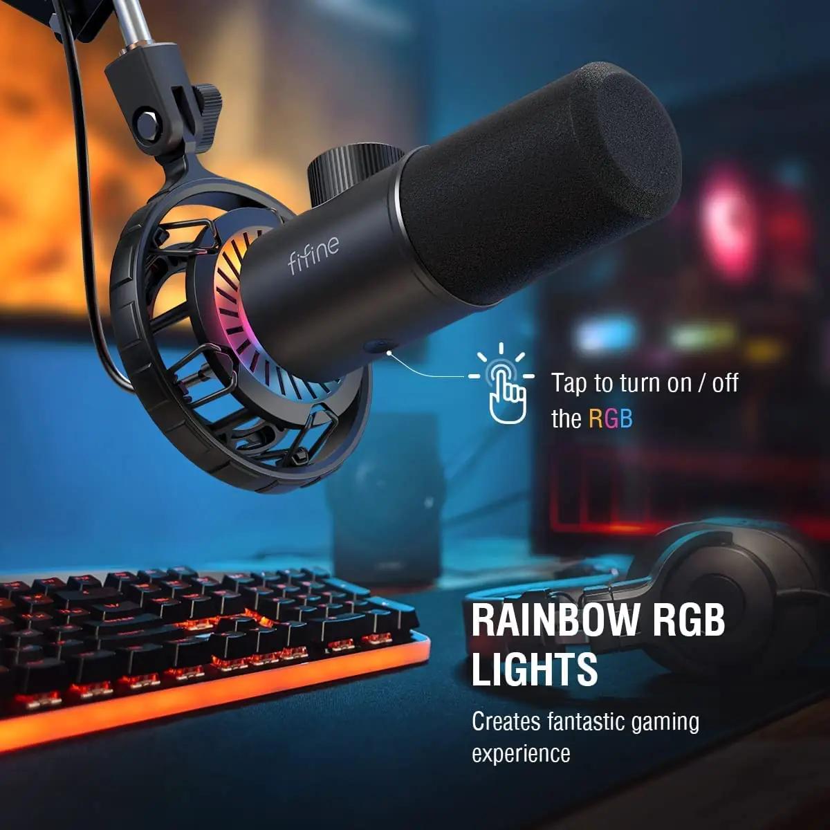 FIFINE metallist gaming-mikrofon USB-C — selge heli ja RGB – kasutusnäide