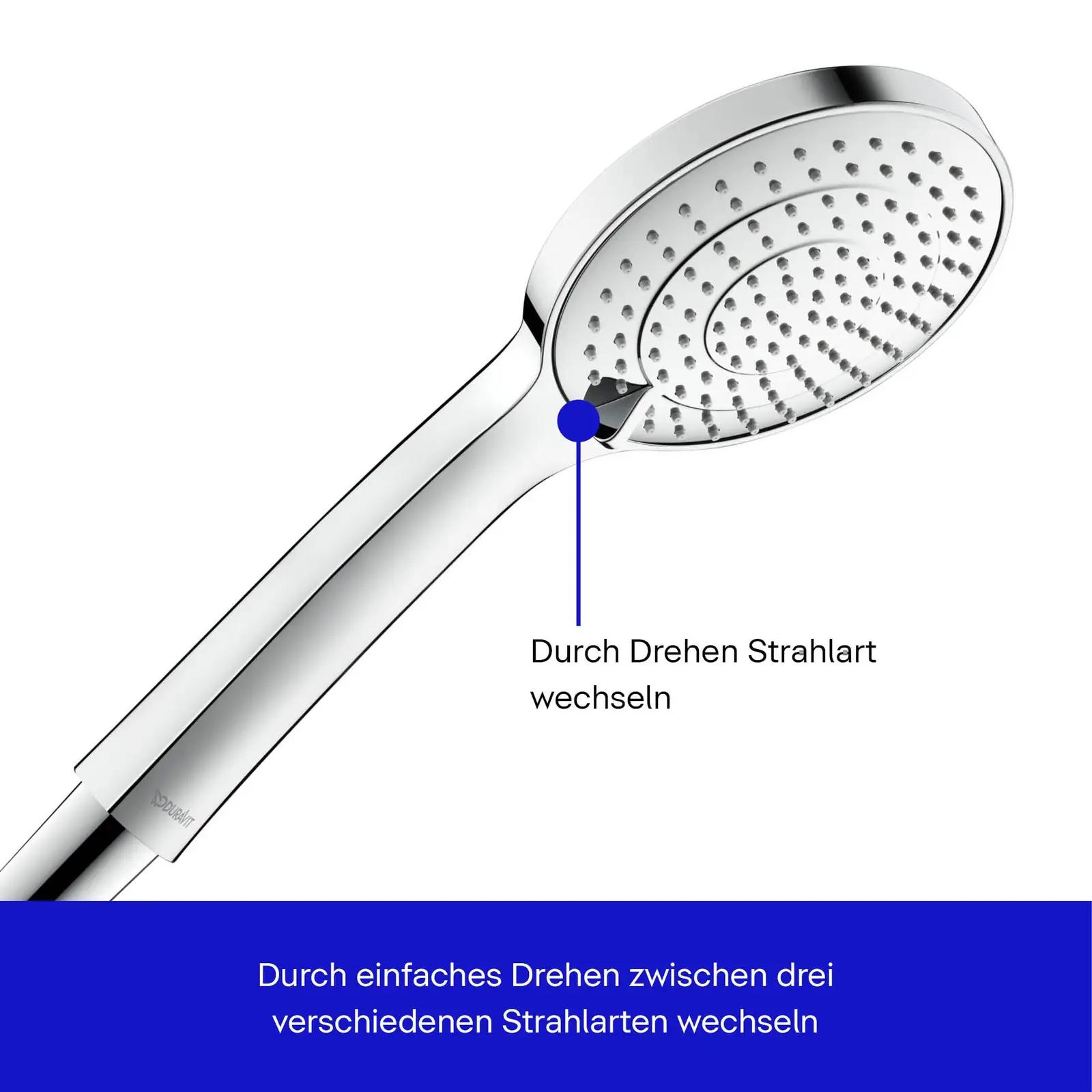 Duravit kroomitud käes dušipea 3 voolurežiimiga – sile silikoon – kasutusnäide
