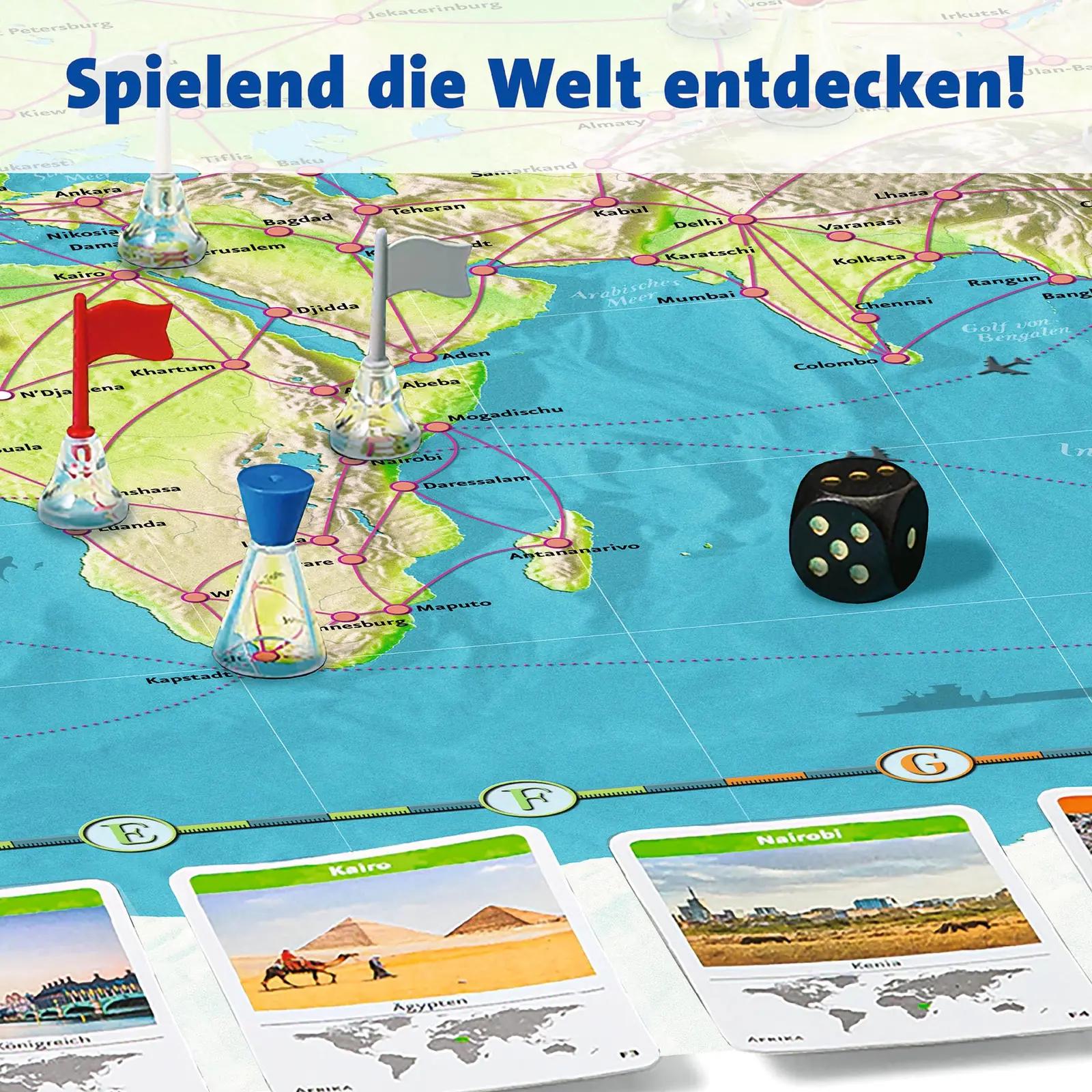 Ravensburger perekonnamäng maailmarändu elamusega, kartongist – pakend ja tarvikud