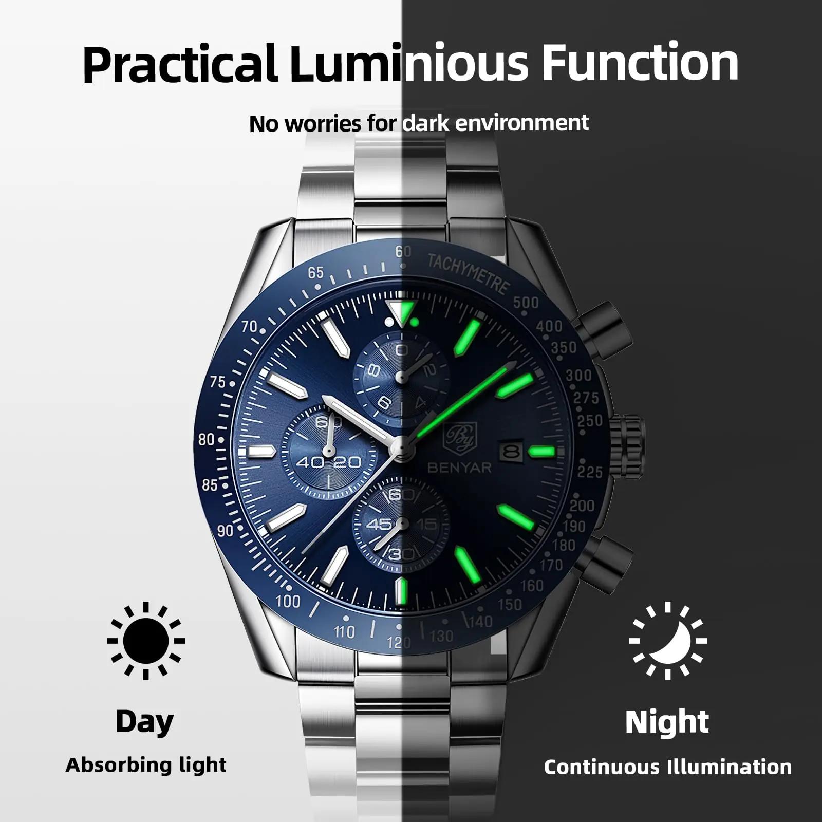 BENYAR terasest meeste käekell – veekindel, chronograph – pilt 7