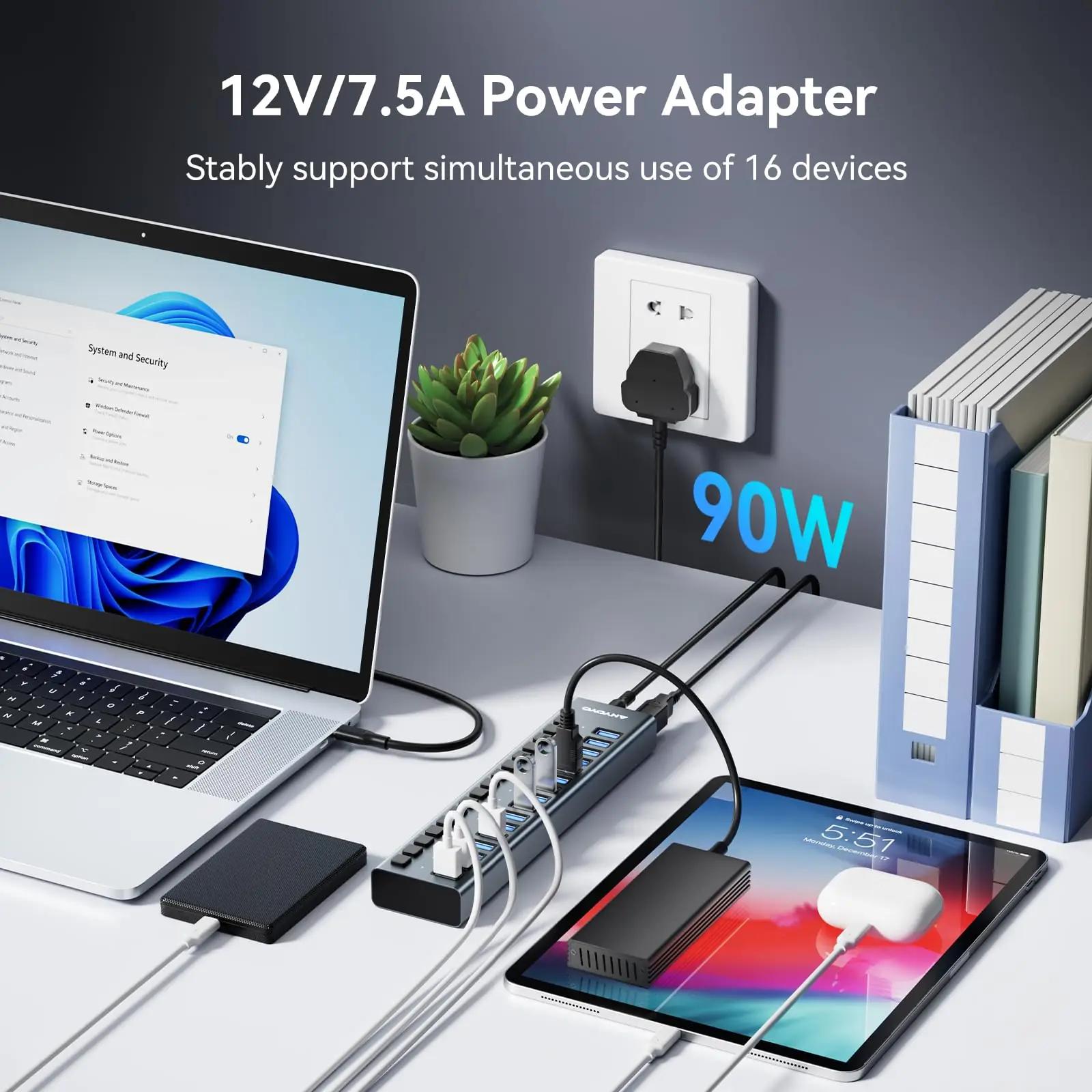 ANYOYO alumiinium USB-hub 16 porti – võimas ja kompaktne – pakend ja tarvikud