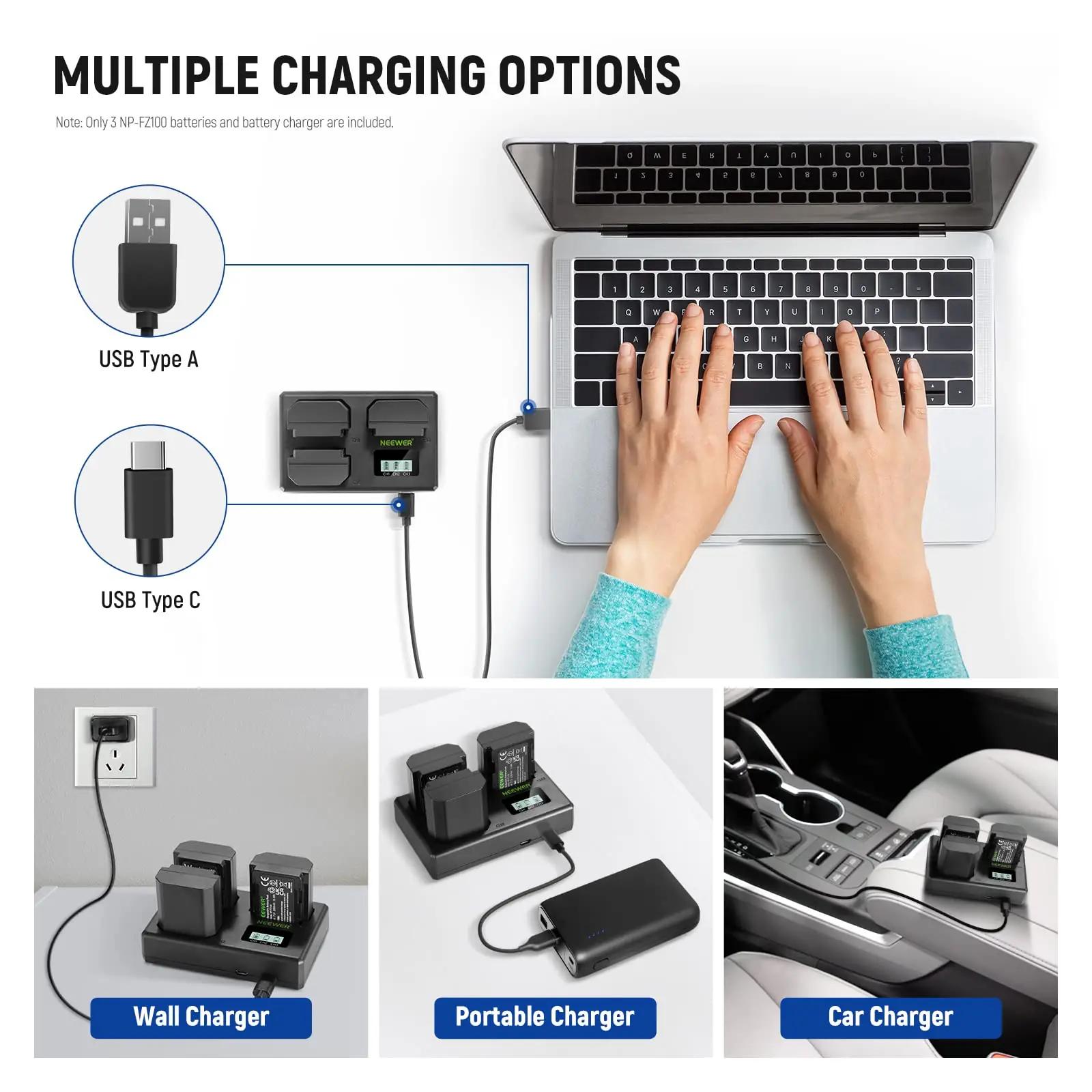 NEEWER vastupidav akukomplekt NP-FZ100 – 3×2280mAh USB – pilt 6