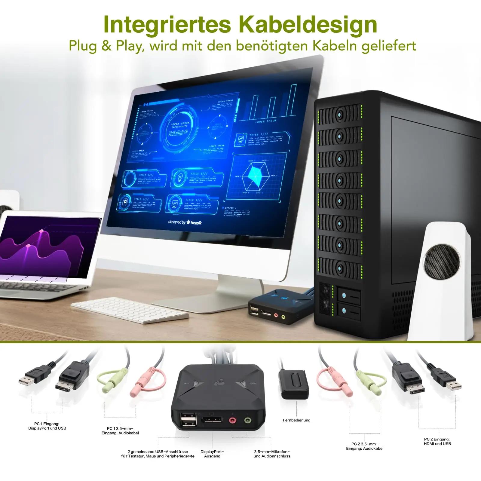 IOGEAR KVM-switch DisplayPort 4K – kahe arvuti jagamise lahendus – pakend ja tarvikud
