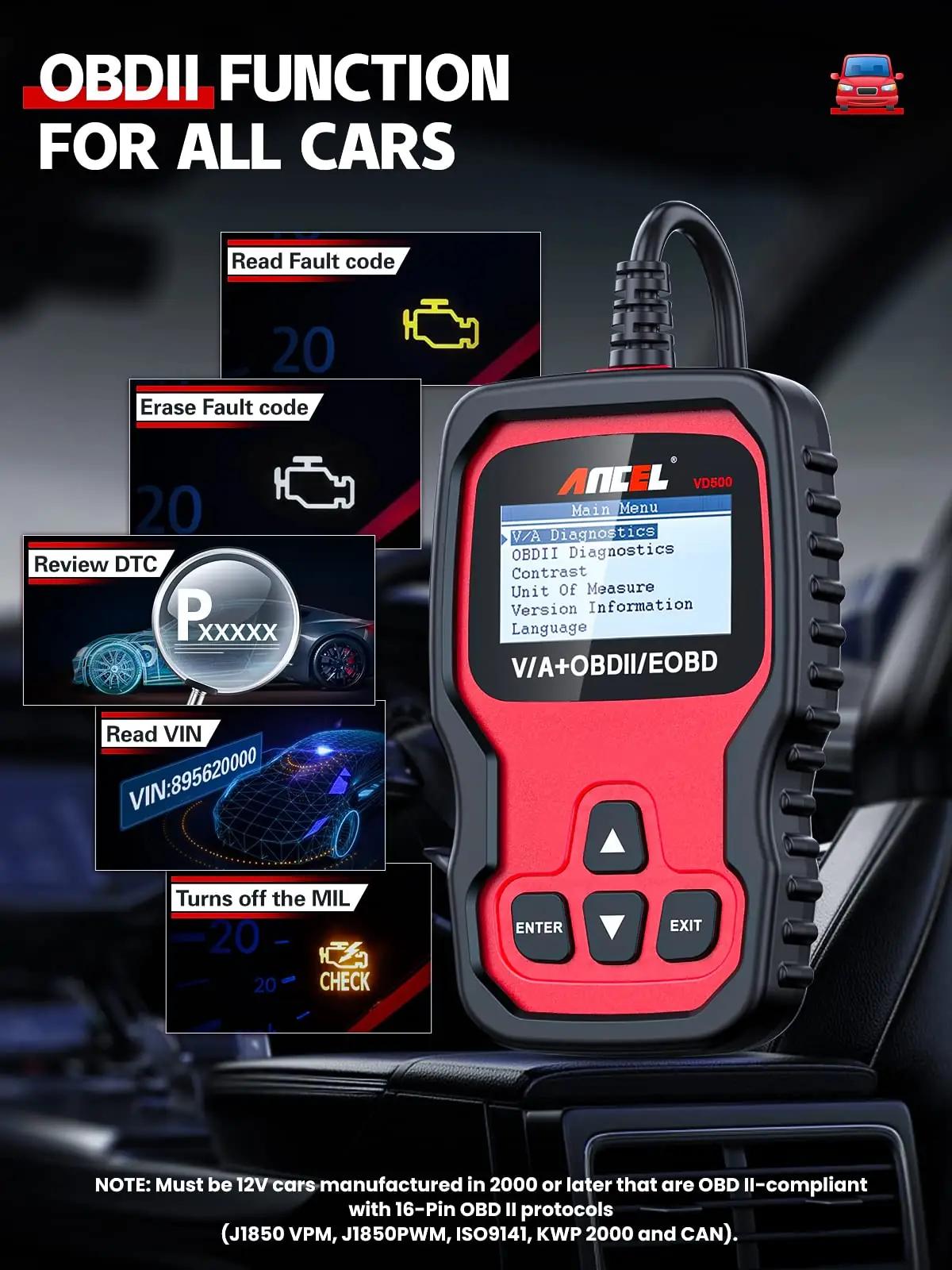 ANCEL VD500Pro auto-OBD diagnoosija – täpne probleemide lugemine – pakend ja tarvikud