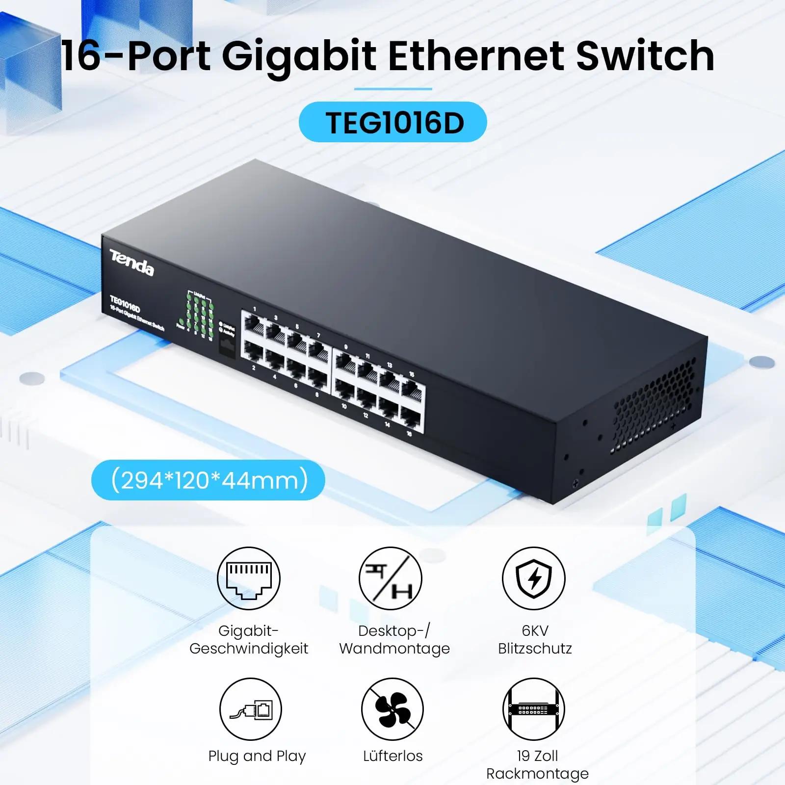 Tenda metallist 16 pordiga Gigabit switch — rack- ja seina – detailne vaade