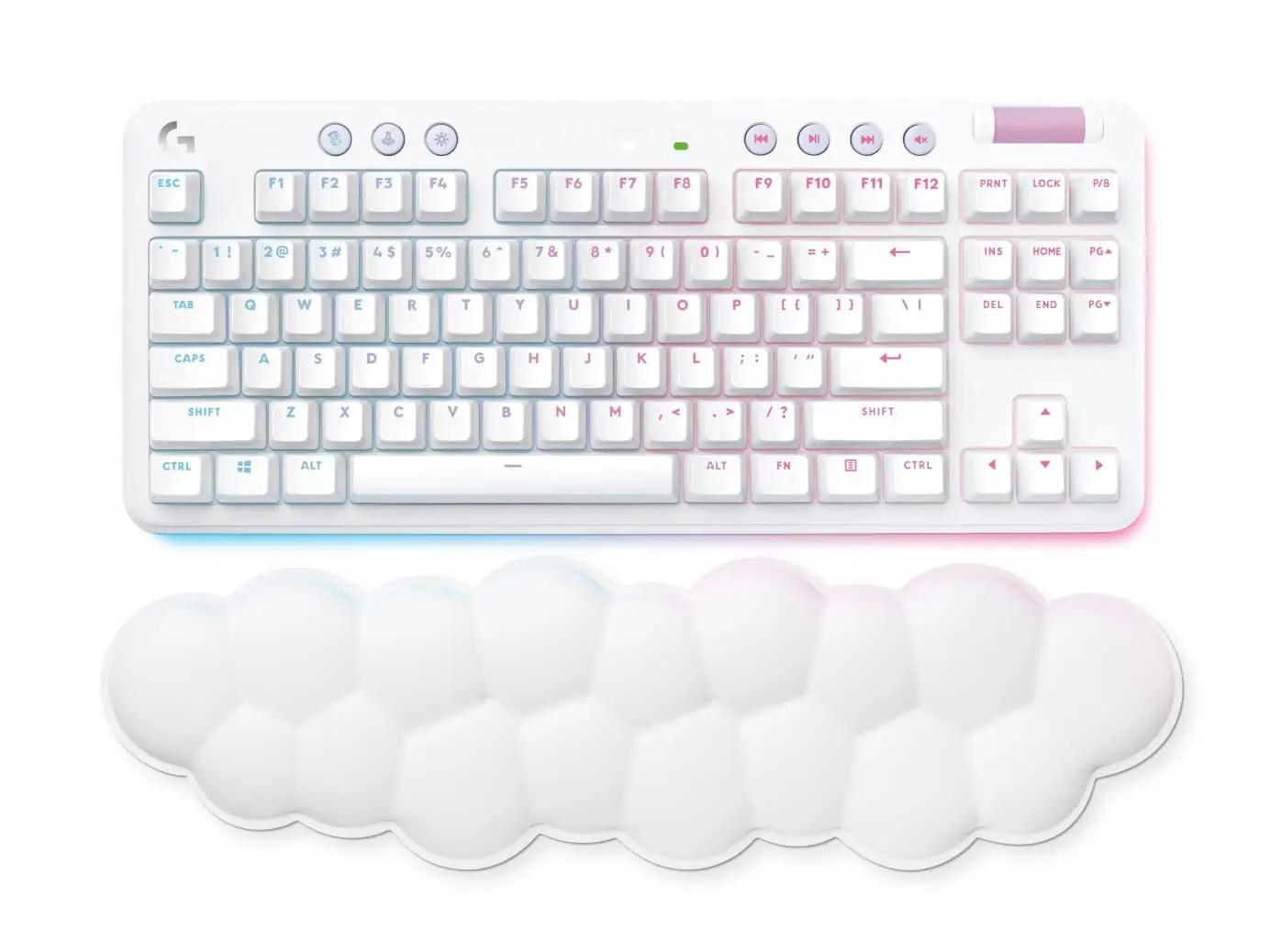 Logitech G valge juhtmevaba klaviatuur mängimiseks ja mugavuseks – detailne vaade