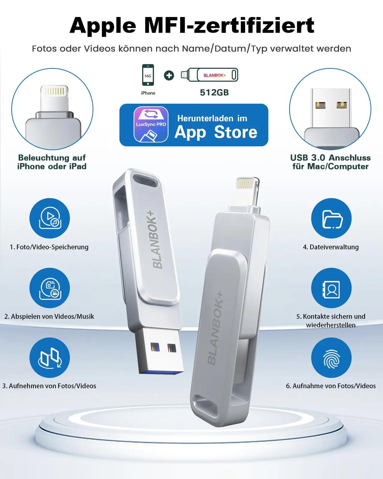 BLANBOK+ 512GB iPhone mälupulk – turvaline Lightning-varu – kasutusnäide