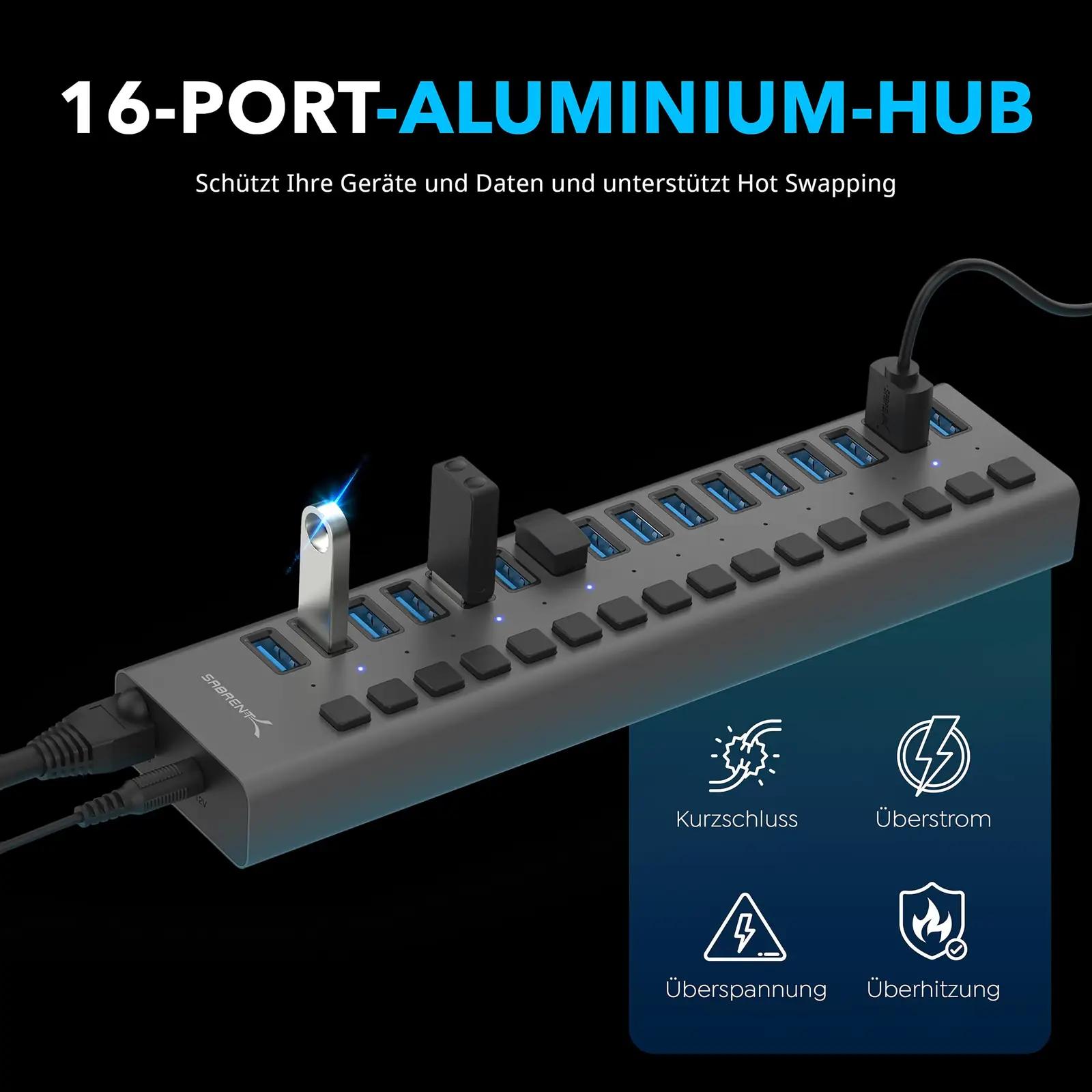 SABRENT alumiiniumist 16-port USB ja laadija – tugev ühendus – detailne vaade