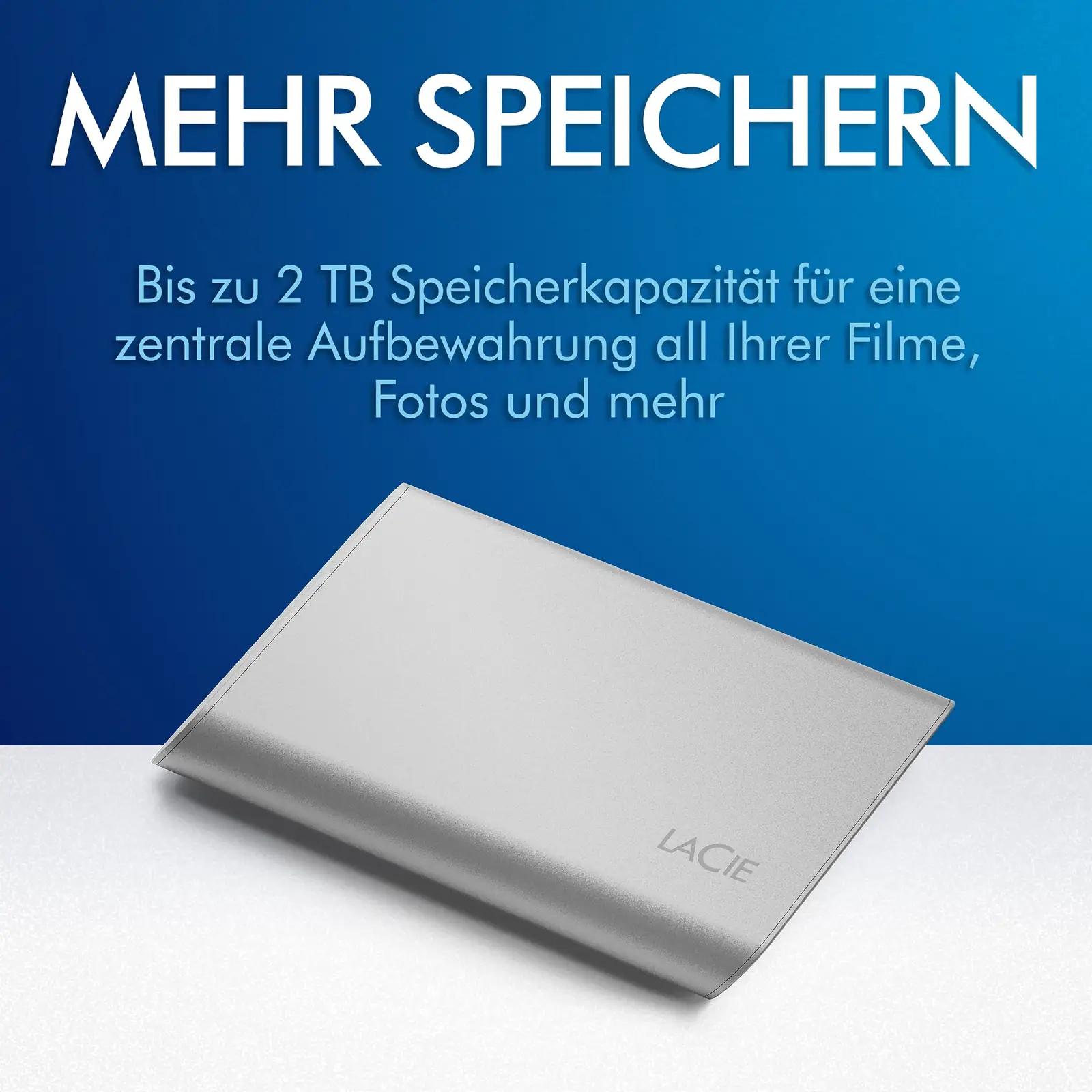 LaCie Moon Silver 1TB kaasaskantav SSD — kiire varukoopia – pakend ja tarvikud