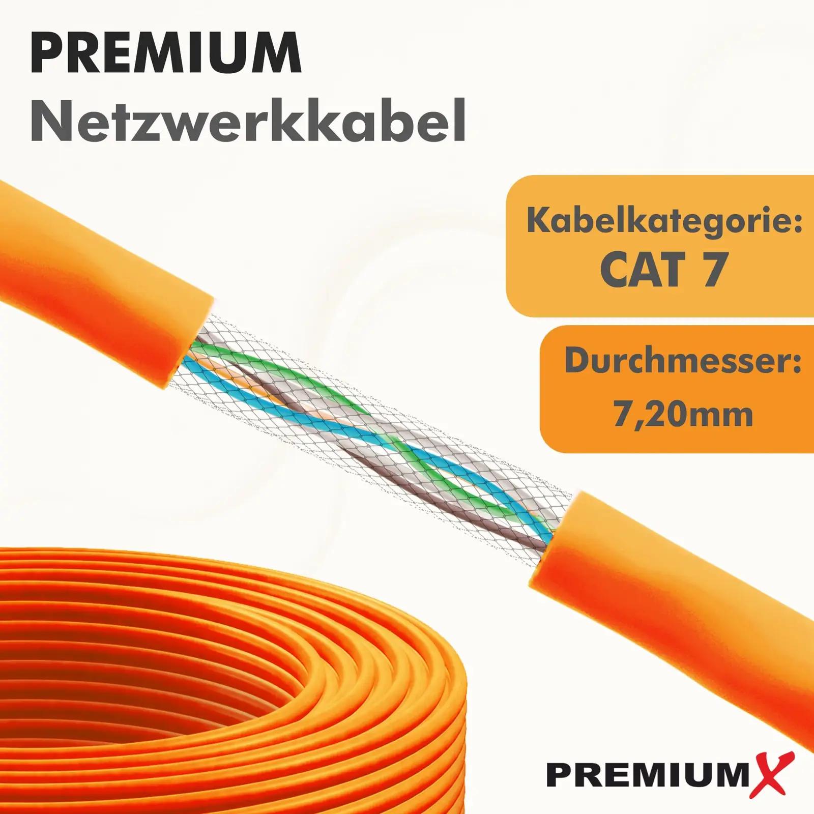 Premium X tugev Cat7 võrgukaabel 100 m – paigaldamiseks sobiv – pakend ja tarvikud