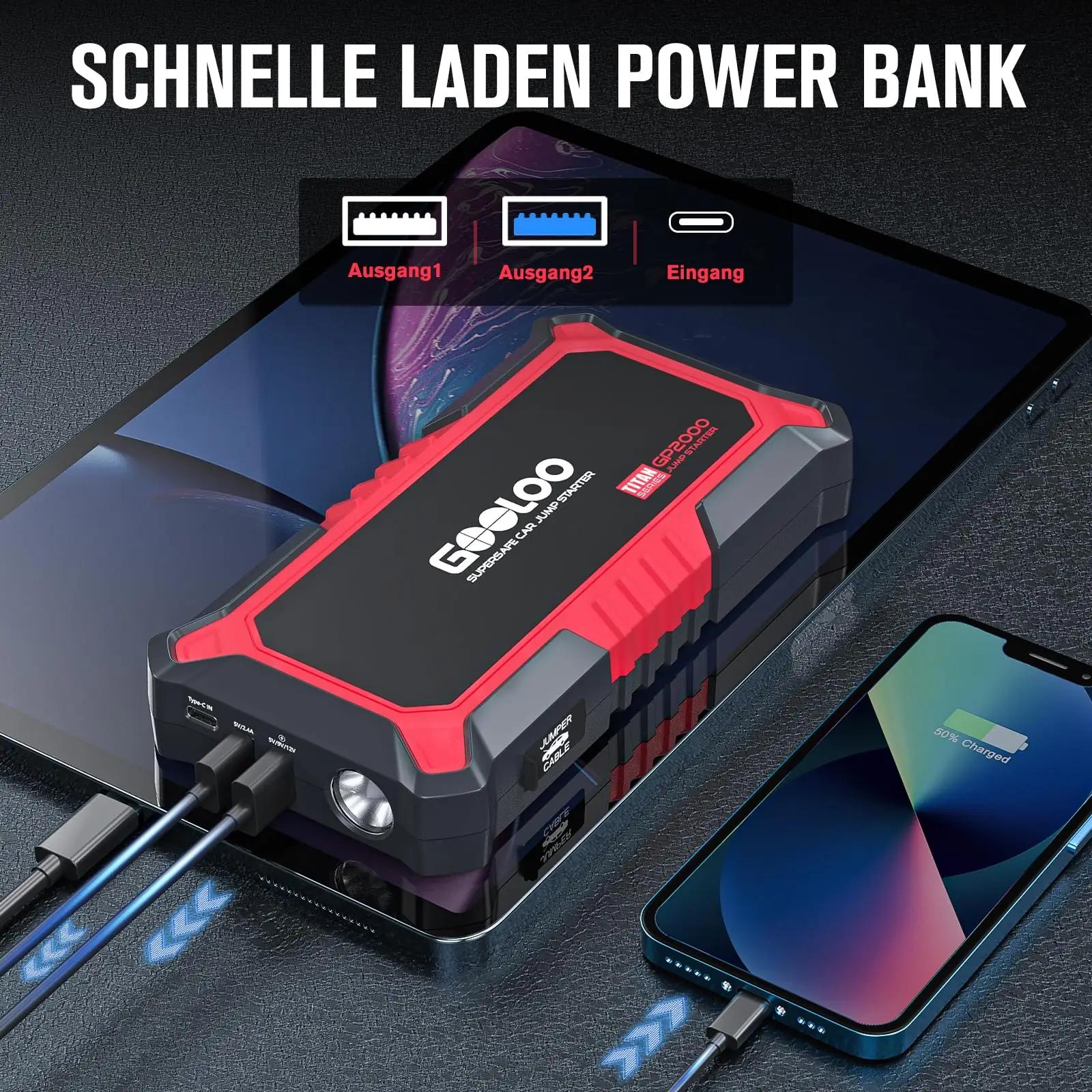 GOOLOO starthilfe powerbank – turvaline autoabi ja kiirlaadija – kasutusnäide