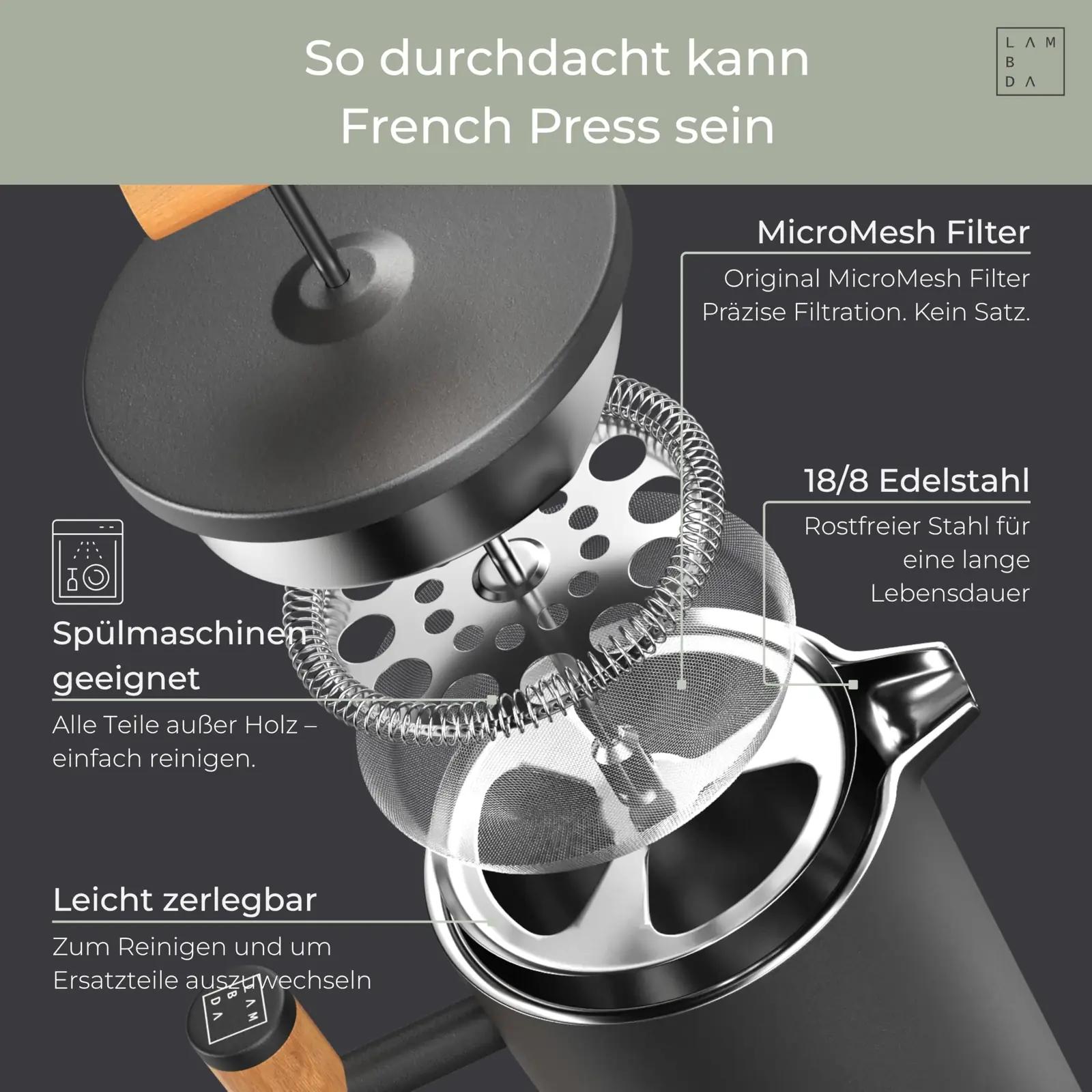 LAMBDA COFFEE roostevabast terasest termo-French press 1 l – pakend ja tarvikud
