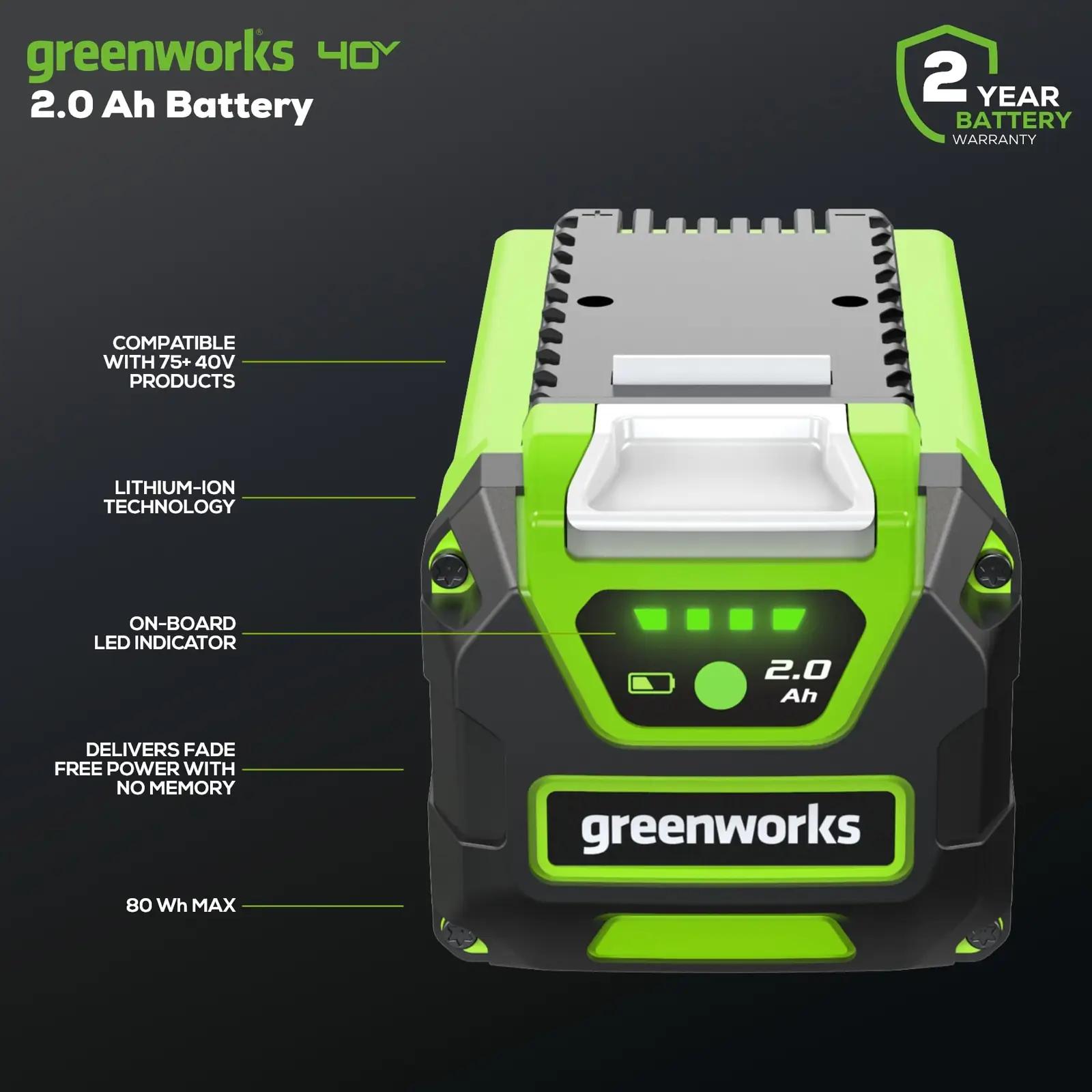 Greenworks 40V 2Ah akupakk – võimas ja kiire laadimine – detailne vaade