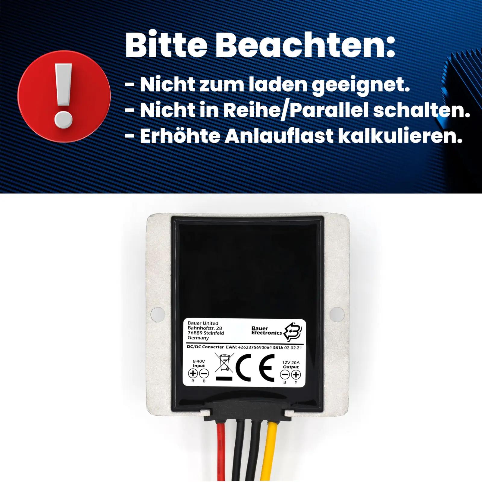 Bauer Electronics vastupidav 12V muundur — kompaktne 240W toide – pakend ja tarvikud