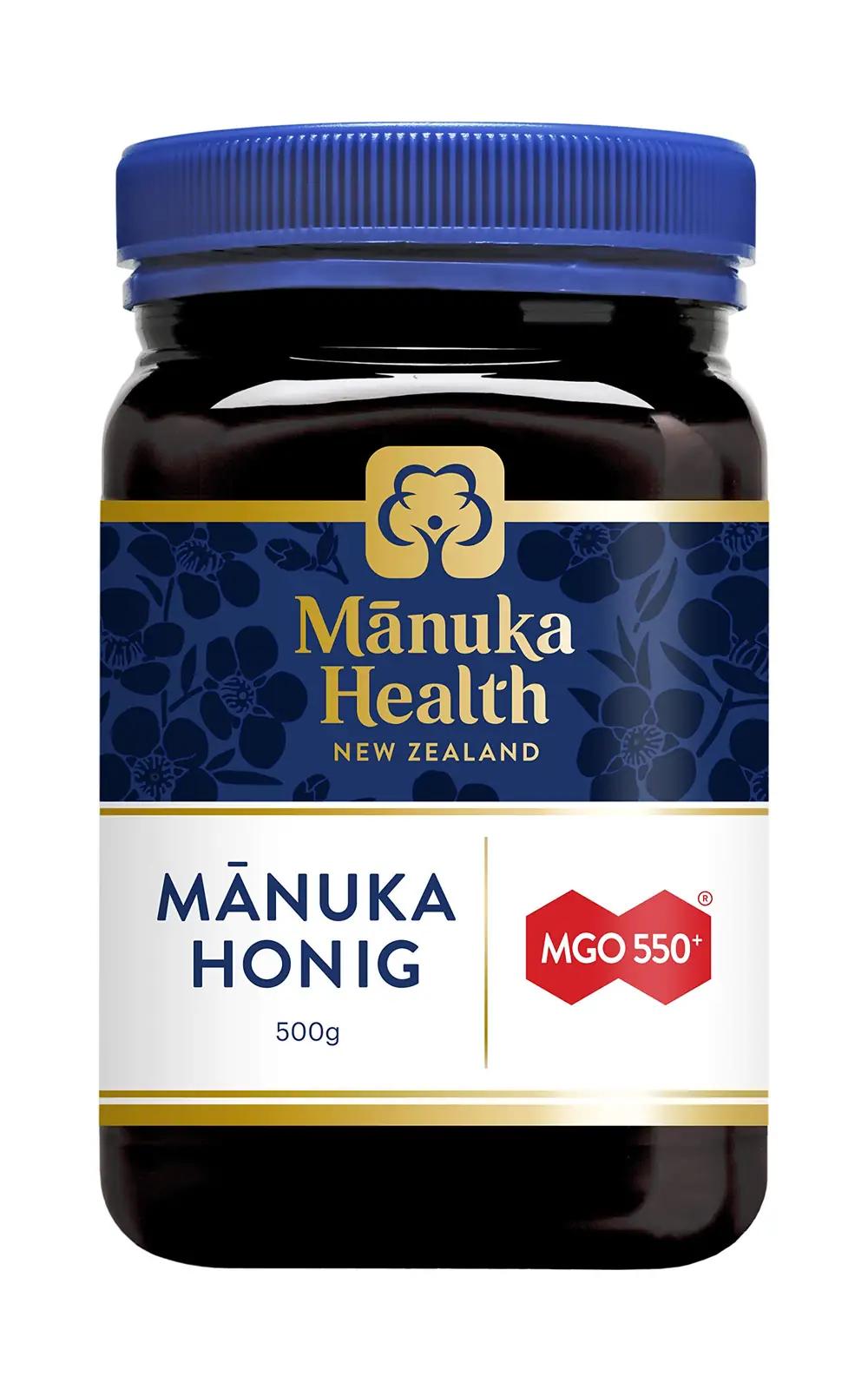 Manuka Health maitsev ja tugev MGO 550+ mesi 500 g – pakend ja tarvikud