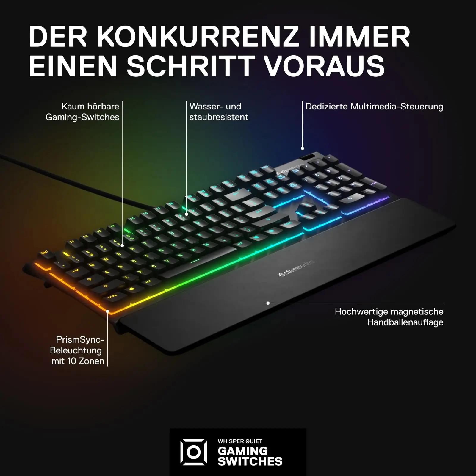 SteelSeries mängutastatur Apex 3 — vaikne ja veekindel valik – pakend ja tarvikud