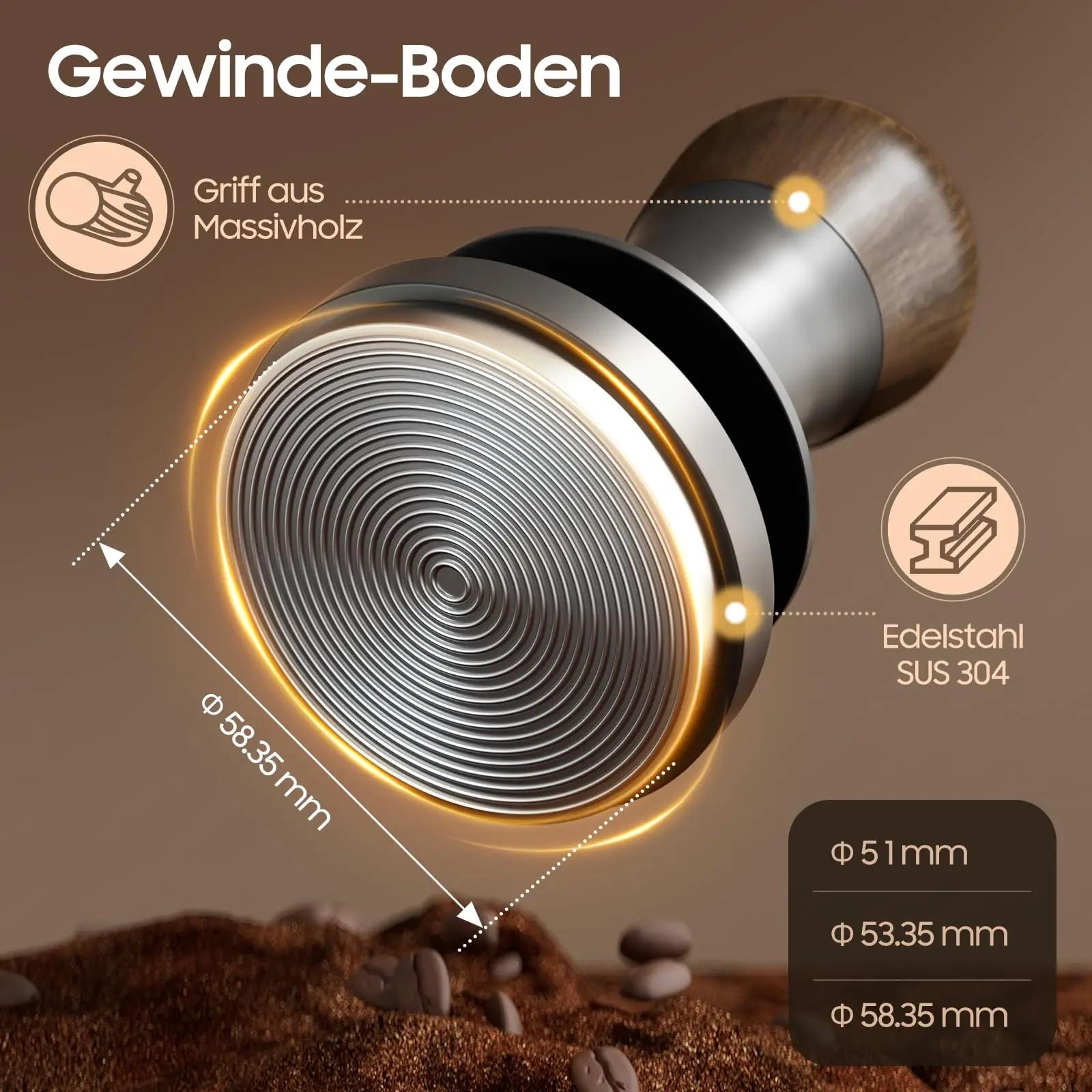 MHW-3BOMBER puidust espresso tamper — täpne surve 58,35 mm – pakend ja tarvikud