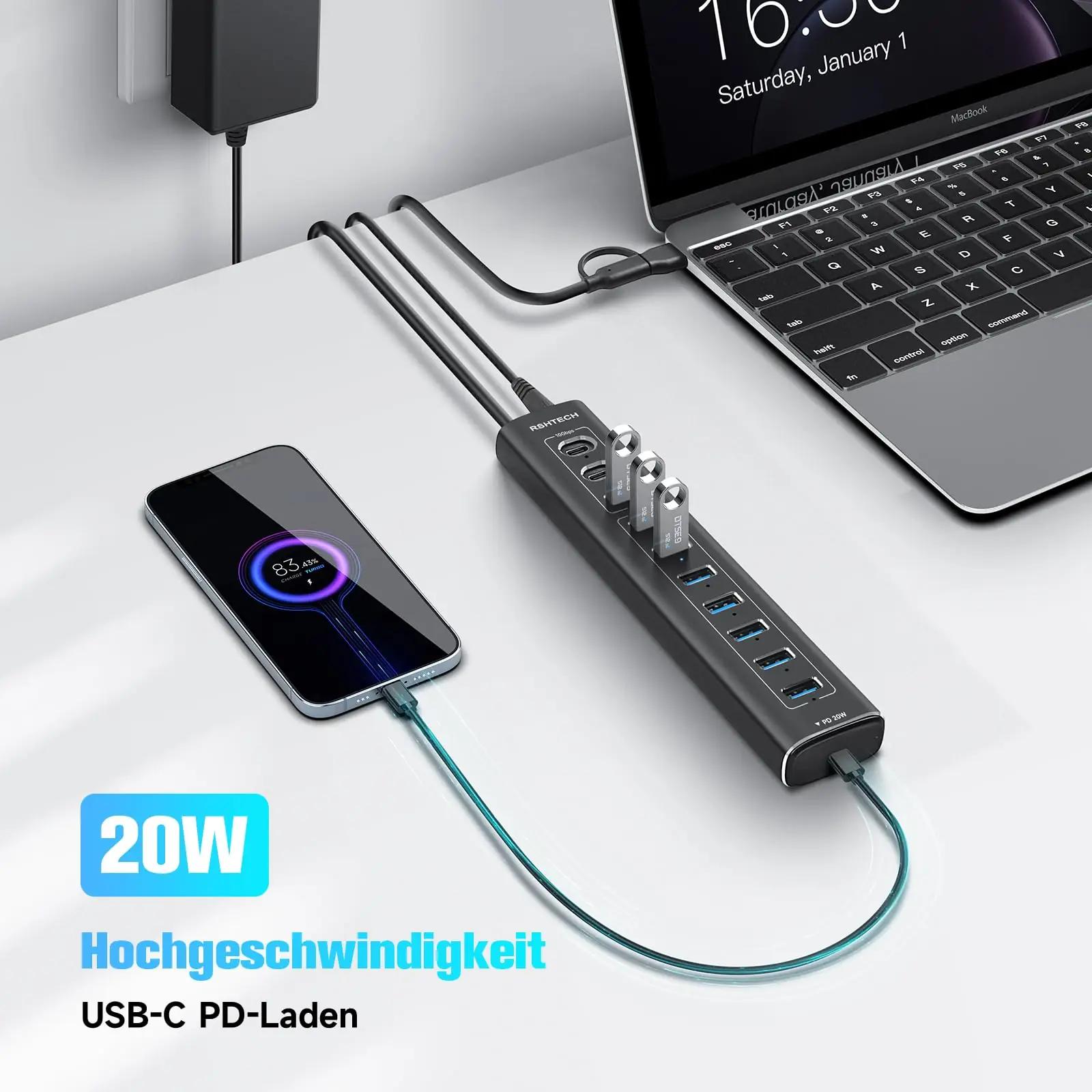 RSHTECH alumiiniumist USB-C ja USB 11-sisendiga jaotur – lisavaade