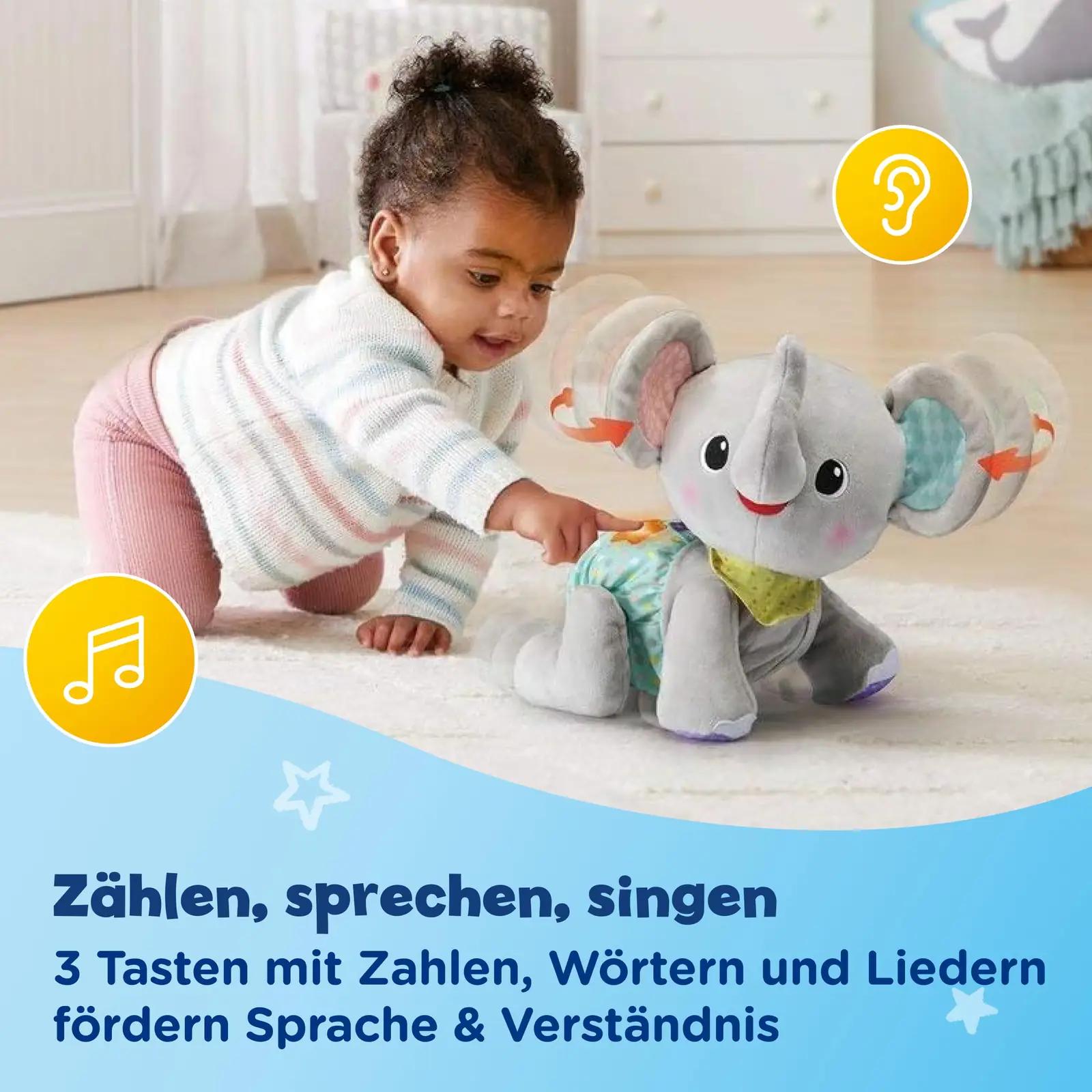 VTech Baby pehme krokodilli‑stiilis mängu‑elefant lapsele – pakend ja tarvikud