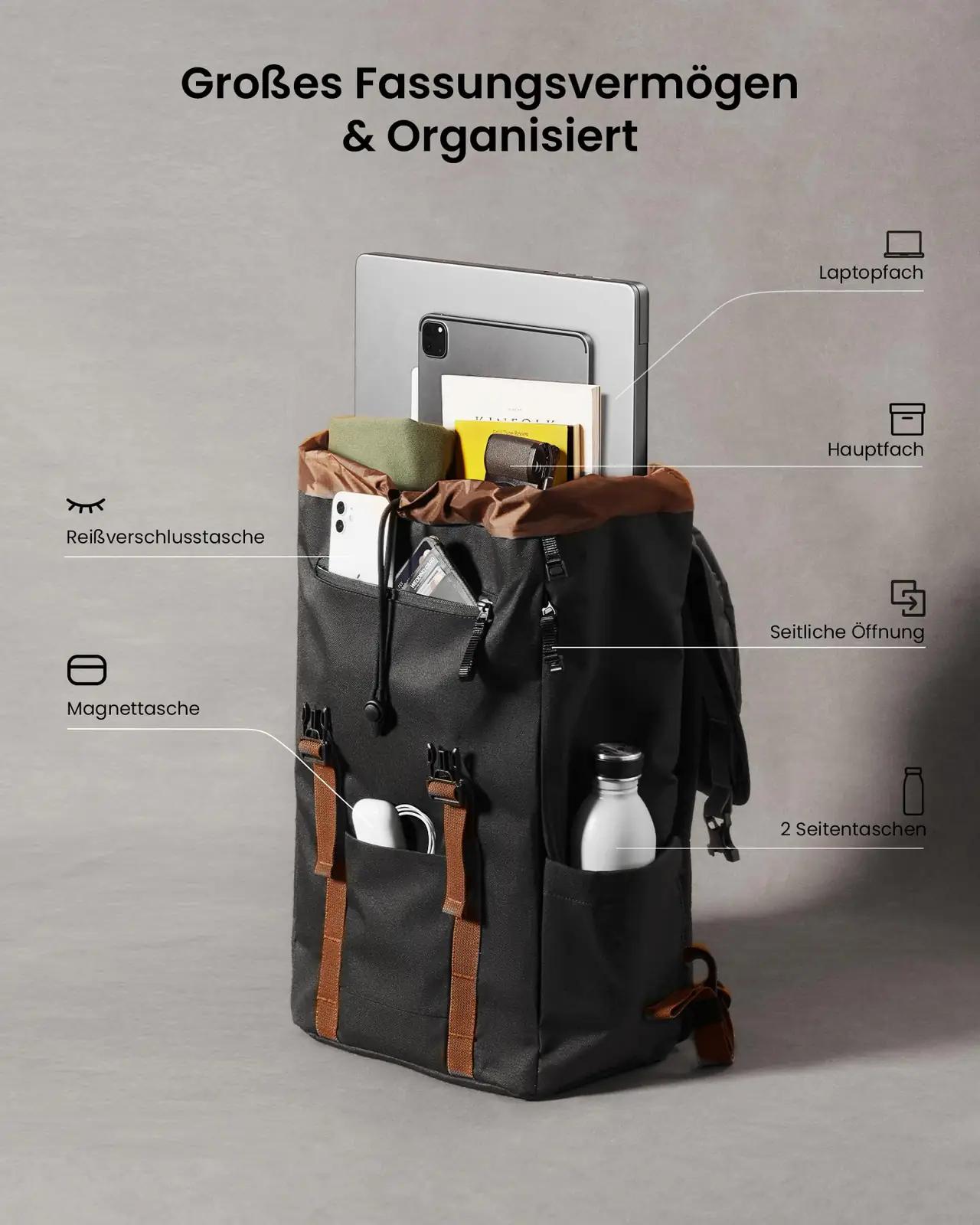 tomtoc stiilne vintage sülearvutikott 13–15,6″ 22L – pakend ja tarvikud