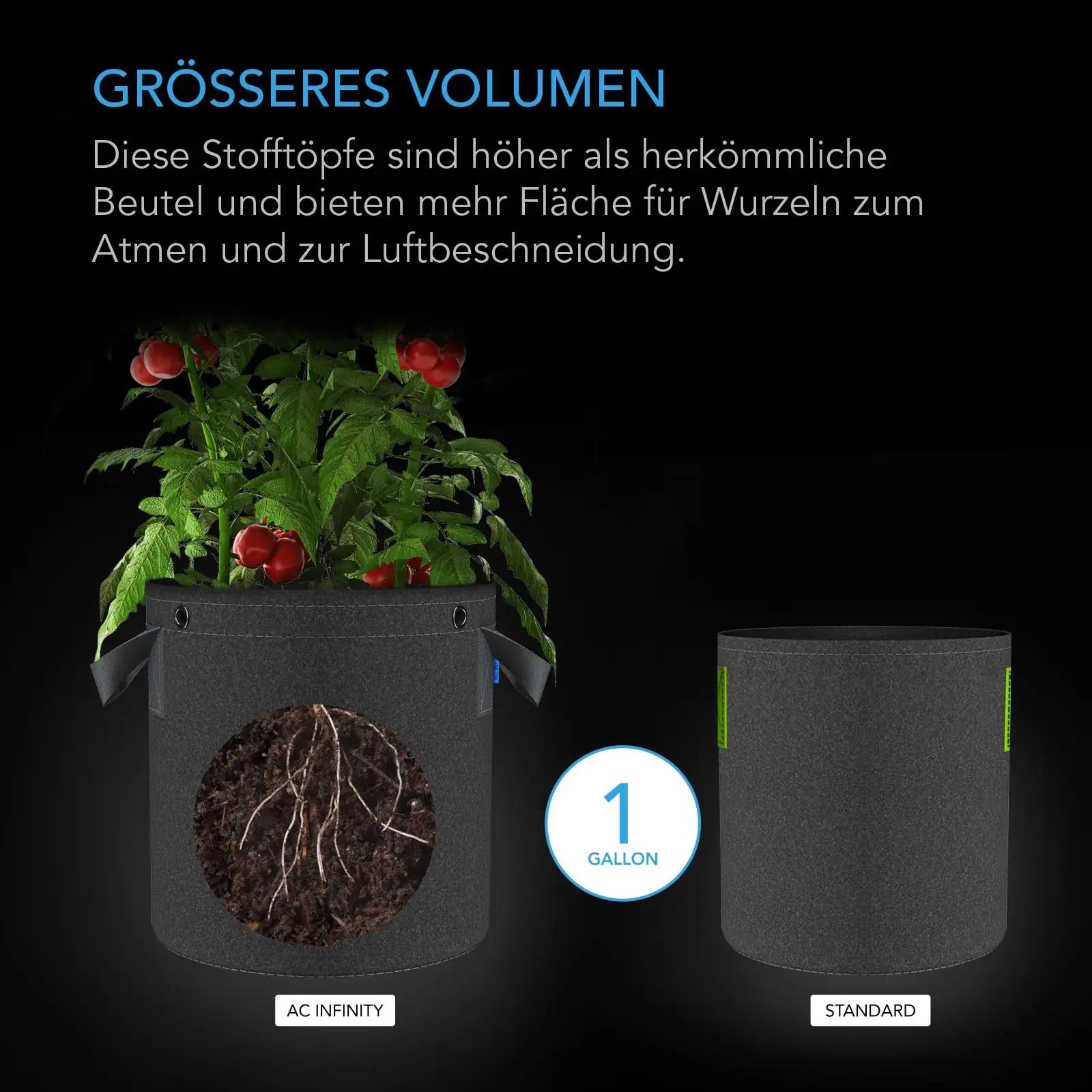 AC Infinity tugevad riidest taimepotid 94,6 l – 5 tk komplekt – pakend ja tarvikud