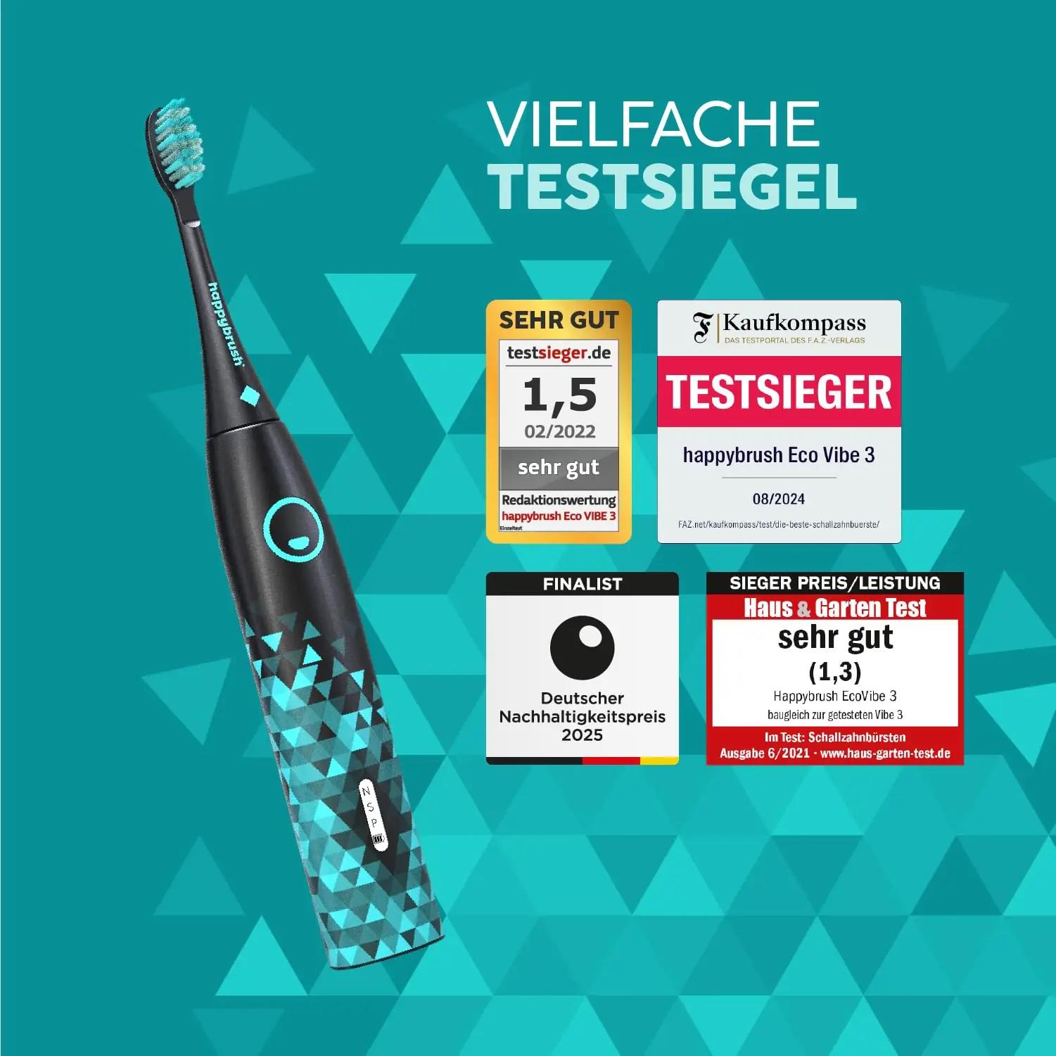 happybrush helivibraatoriga hambahari Eco Vibe 3 — pika akuajaga – pakend ja tarvikud