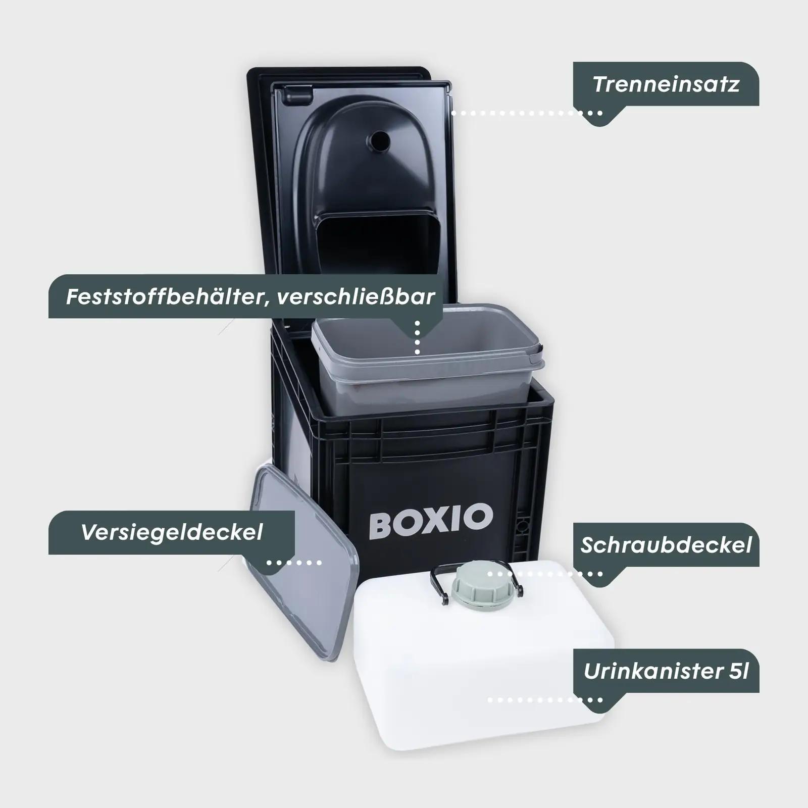 BOXIO kompaktne kempsu 40×30 cm — mugav reisikemikaalivaba – pakend ja tarvikud